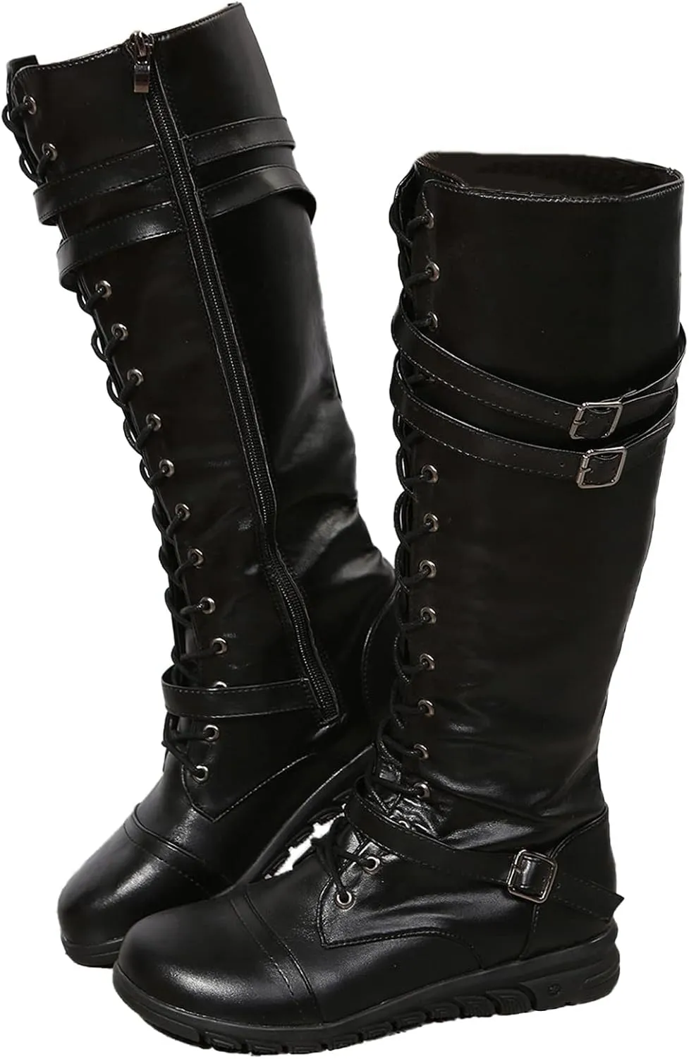 AngryMonkey Womens Knee High Lace Up leather Mid Calf Boot Side Zipper Personality Buckle Belt Platform Anti-Slip Quilted Rider High Boot
