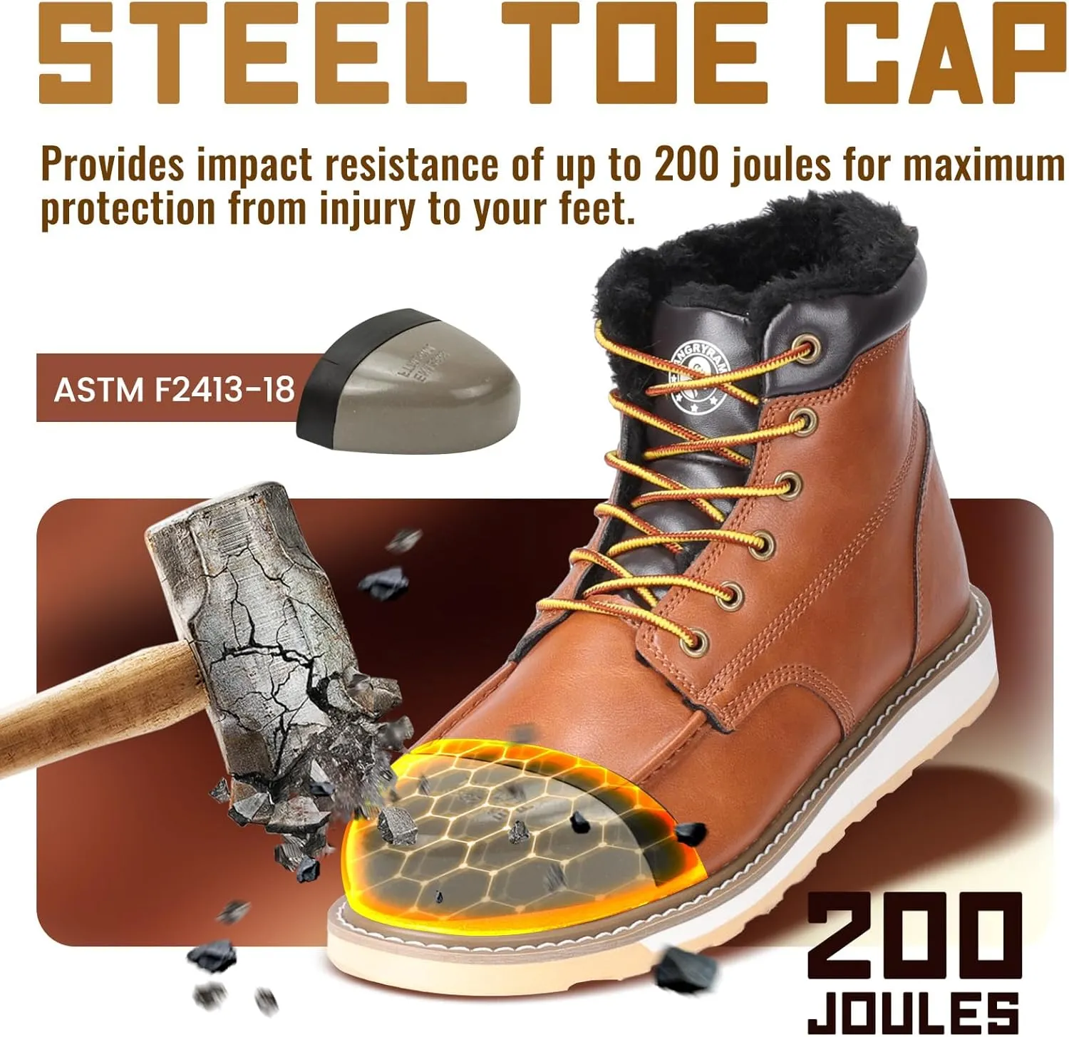 ANGRYRAM Winter Steel Toe Boots for Men Moc Toe Waterproof Work Boots Men's Comfortable Steel Toe Wedge Safety Boots Lightweight Indestructable Construction Boots
