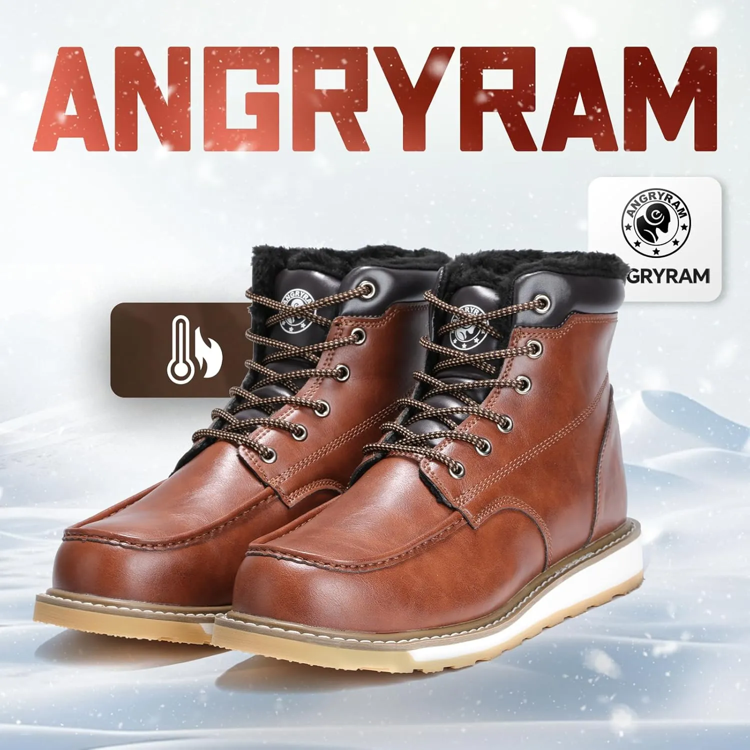 ANGRYRAM Winter Steel Toe Boots for Men Moc Toe Waterproof Work Boots Men's Comfortable Steel Toe Wedge Safety Boots Lightweight Indestructable Construction Boots