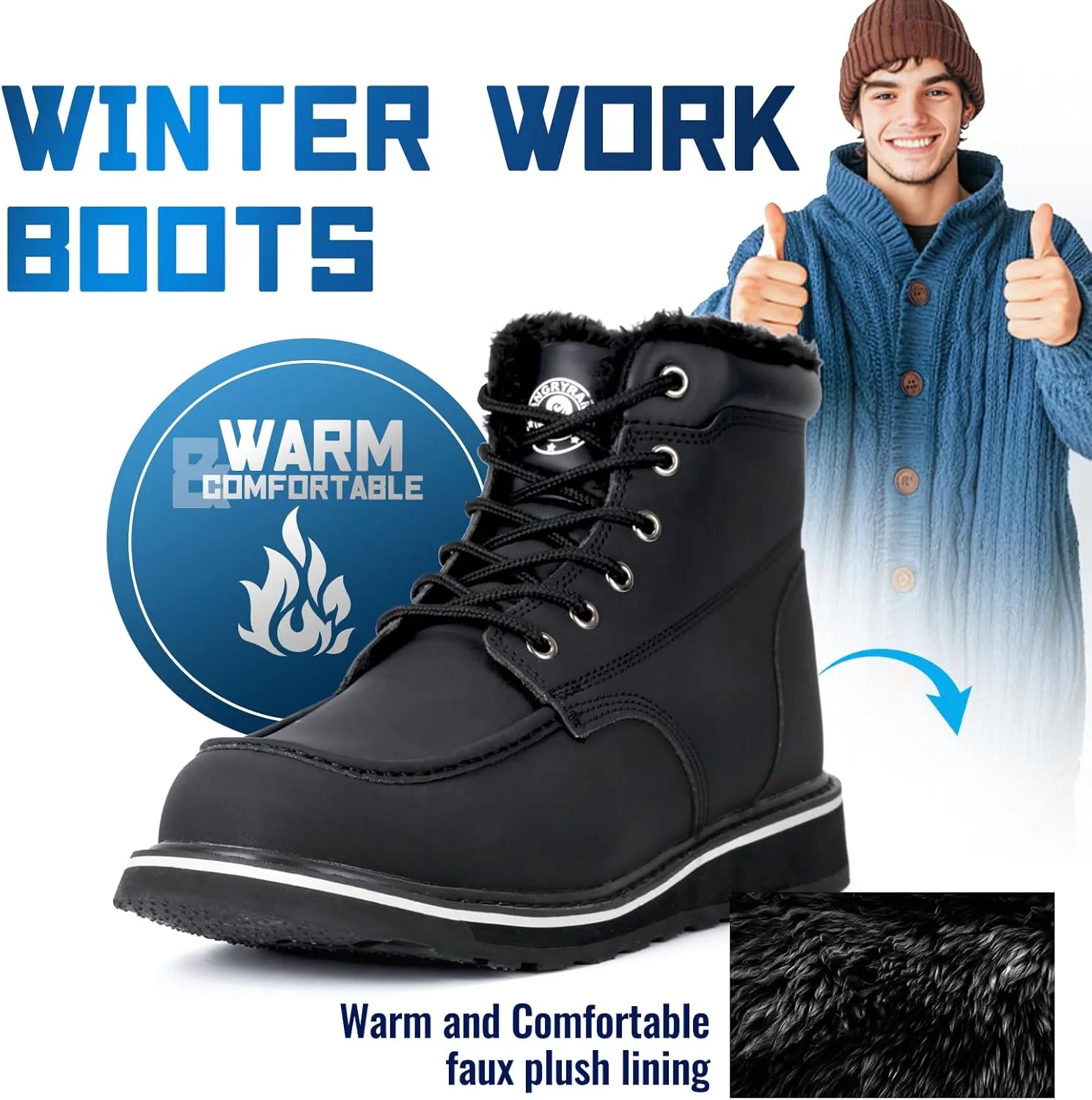 ANGRYRAM Winter Steel Toe Boots for Men Moc Toe Waterproof Work Boots Men's Comfortable Steel Toe Wedge Safety Boots Lightweight Indestructable Construction Boots