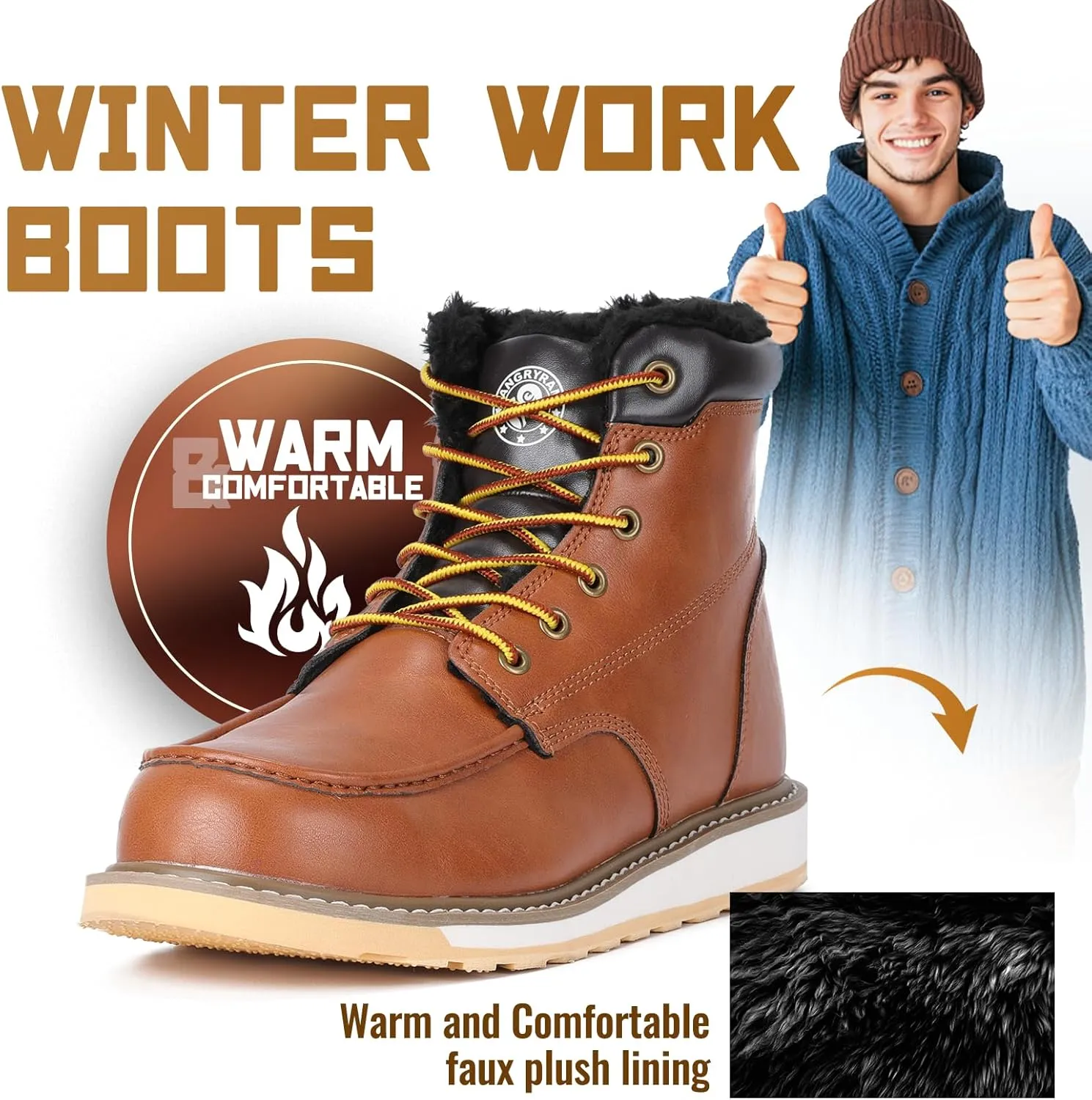 ANGRYRAM Winter Steel Toe Boots for Men Moc Toe Waterproof Work Boots Men's Comfortable Steel Toe Wedge Safety Boots Lightweight Indestructable Construction Boots