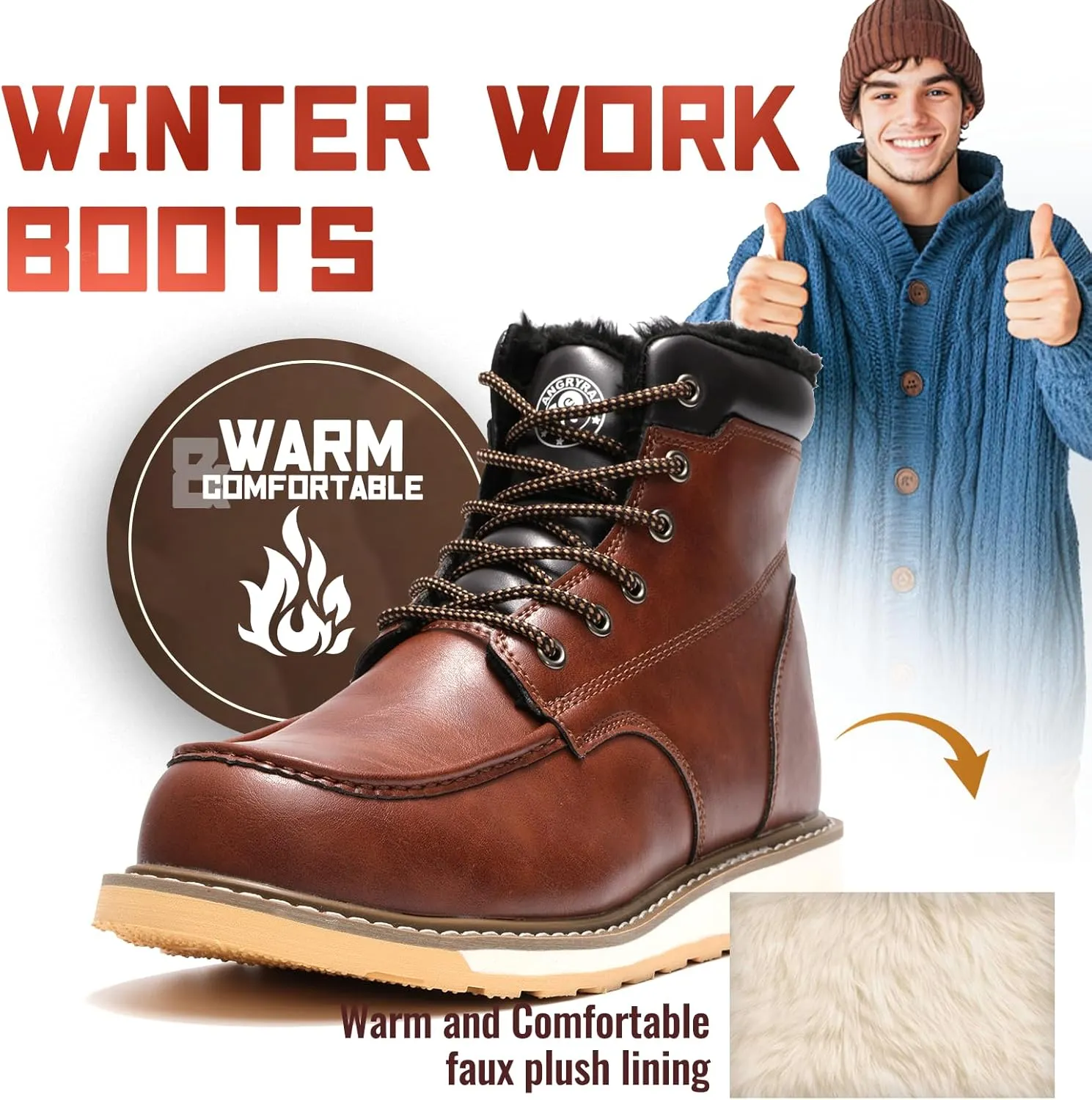 ANGRYRAM Winter Steel Toe Boots for Men Moc Toe Waterproof Work Boots Men's Comfortable Steel Toe Wedge Safety Boots Lightweight Indestructable Construction Boots
