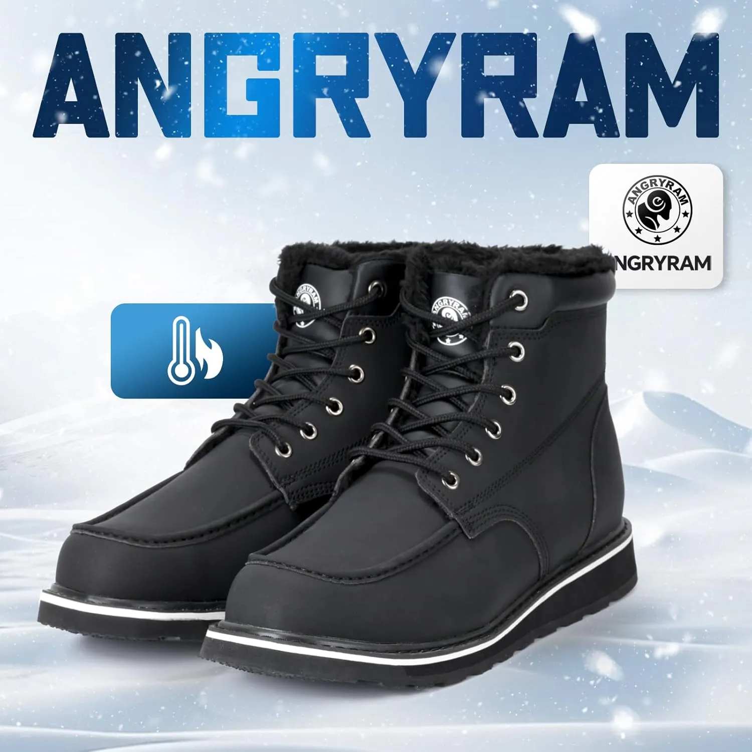 ANGRYRAM Winter Steel Toe Boots for Men Moc Toe Waterproof Work Boots Men's Comfortable Steel Toe Wedge Safety Boots Lightweight Indestructable Construction Boots