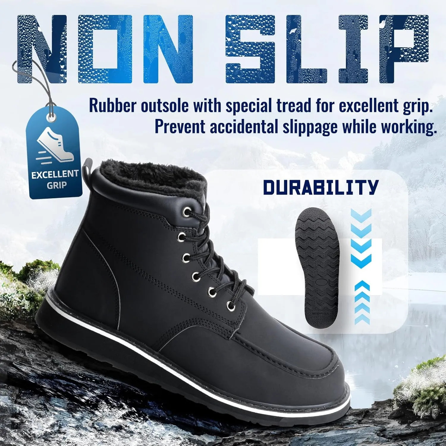 ANGRYRAM Winter Steel Toe Boots for Men Moc Toe Waterproof Work Boots Men's Comfortable Steel Toe Wedge Safety Boots Lightweight Indestructable Construction Boots