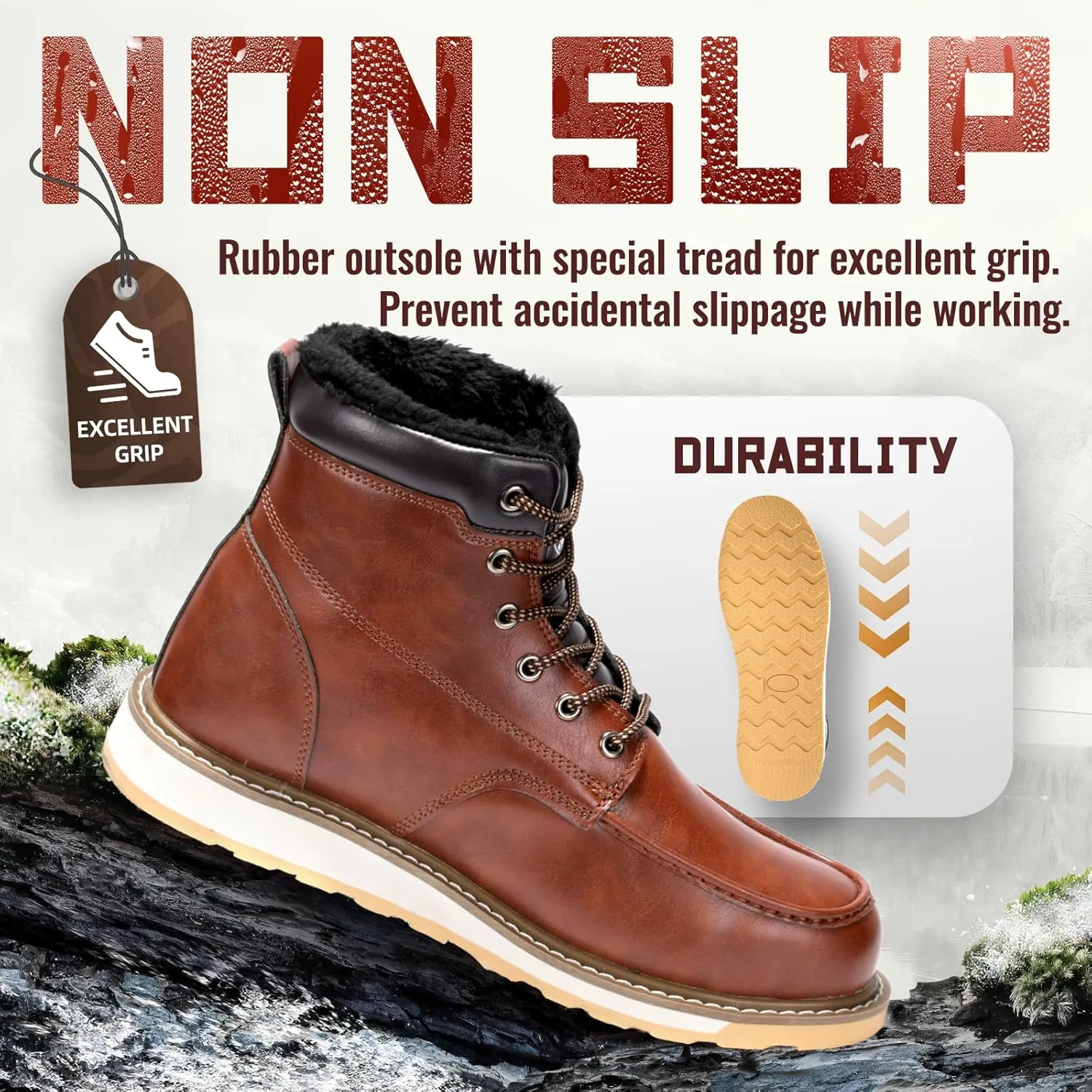 ANGRYRAM Winter Steel Toe Boots for Men Moc Toe Waterproof Work Boots Men's Comfortable Steel Toe Wedge Safety Boots Lightweight Indestructable Construction Boots