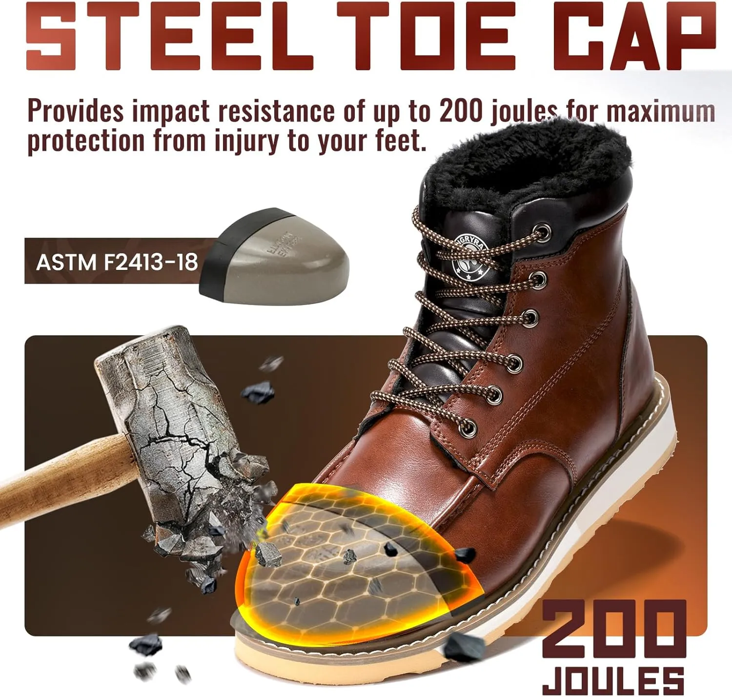 ANGRYRAM Winter Steel Toe Boots for Men Moc Toe Waterproof Work Boots Men's Comfortable Steel Toe Wedge Safety Boots Lightweight Indestructable Construction Boots