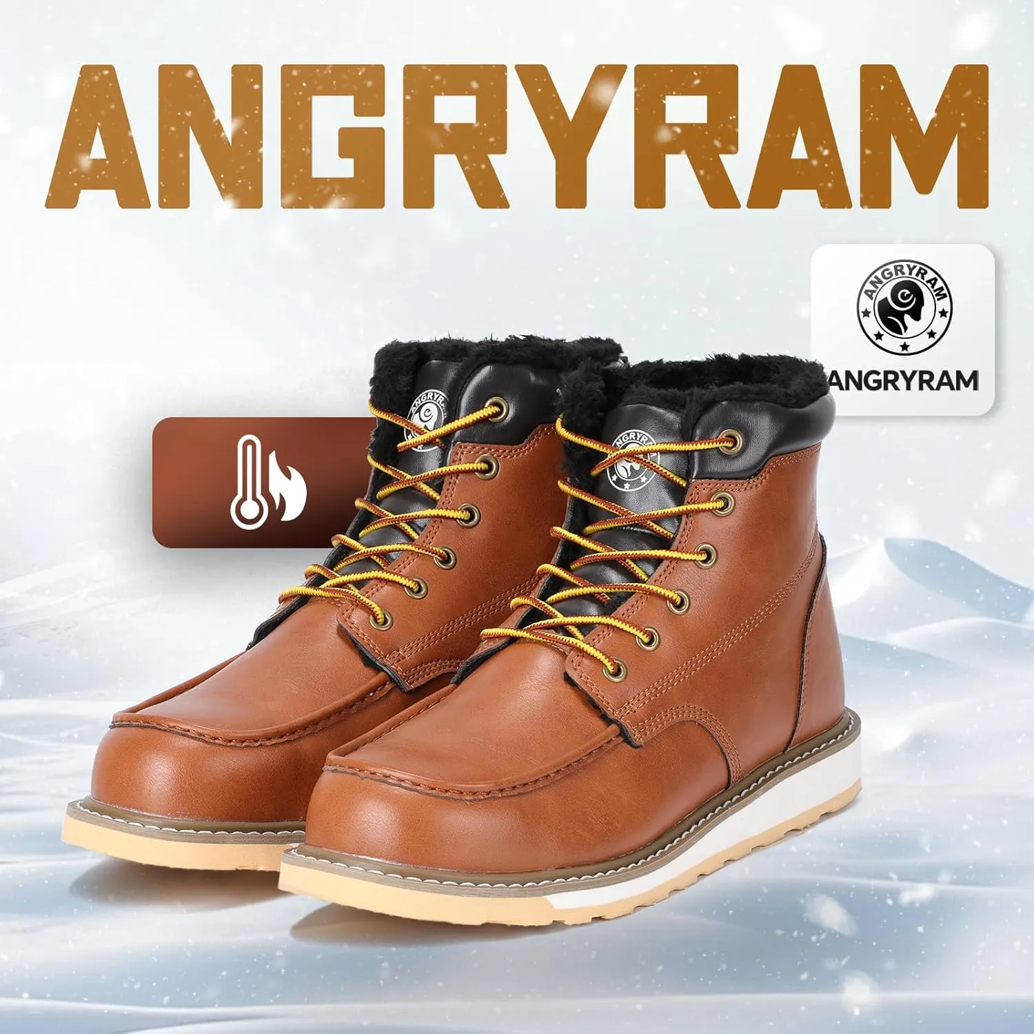 ANGRYRAM Winter Steel Toe Boots for Men Moc Toe Waterproof Work Boots Men's Comfortable Steel Toe Wedge Safety Boots Lightweight Indestructable Construction Boots