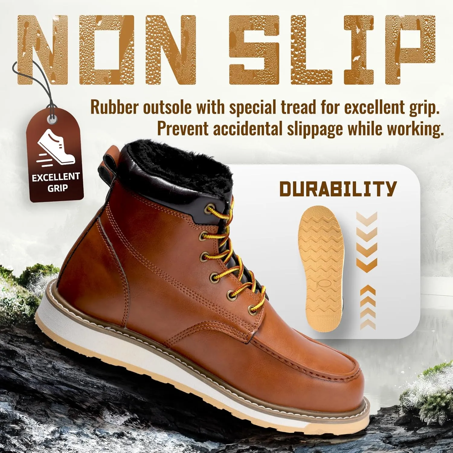 ANGRYRAM Winter Steel Toe Boots for Men Moc Toe Waterproof Work Boots Men's Comfortable Steel Toe Wedge Safety Boots Lightweight Indestructable Construction Boots
