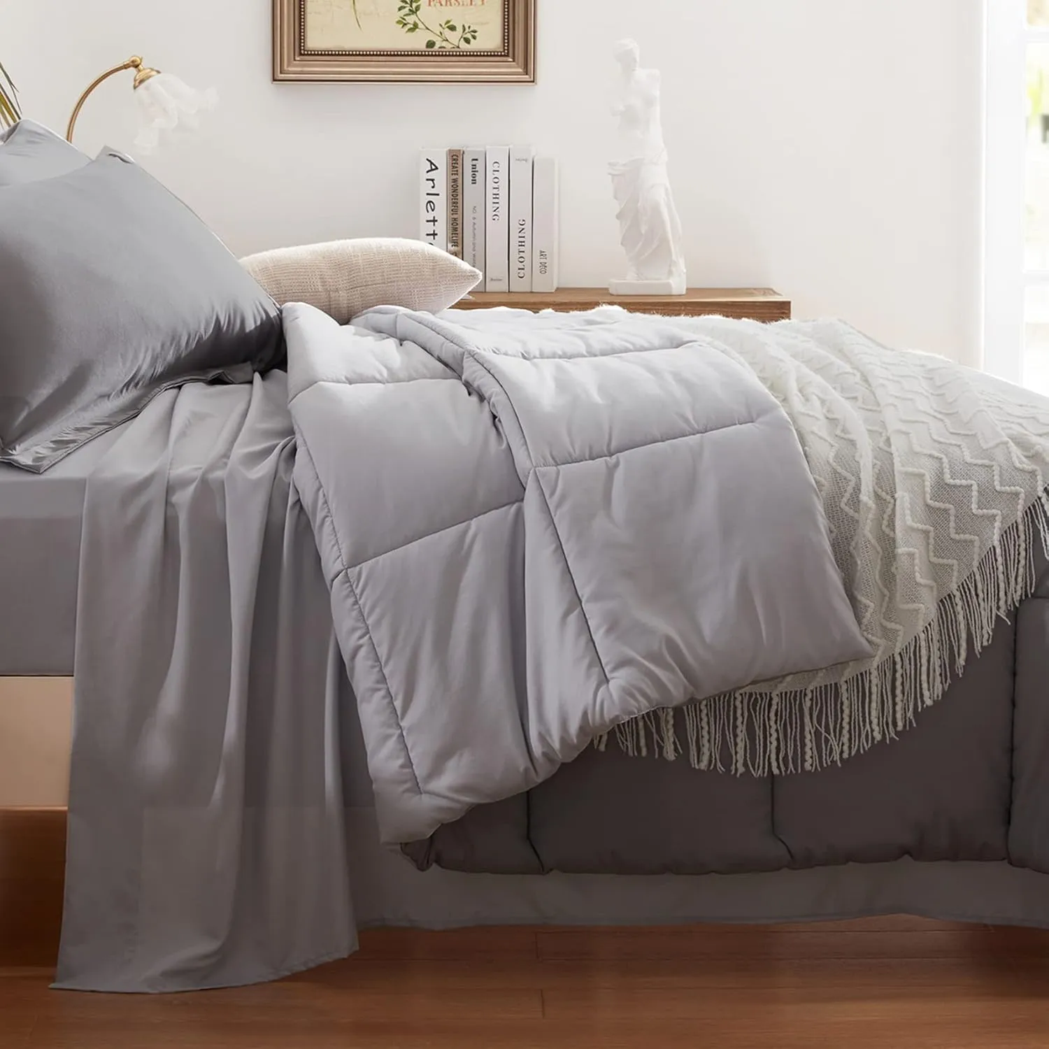 Anluoer Queen Size Bed in a Bag 7 Pieces, Grey Bed Comforter Set with Sheets, All Season Bedding Sets with 1 Comforter,2 Pillow Shams,2 Pillowcases, 1 Flat Sheet,1 Fitted Sheet