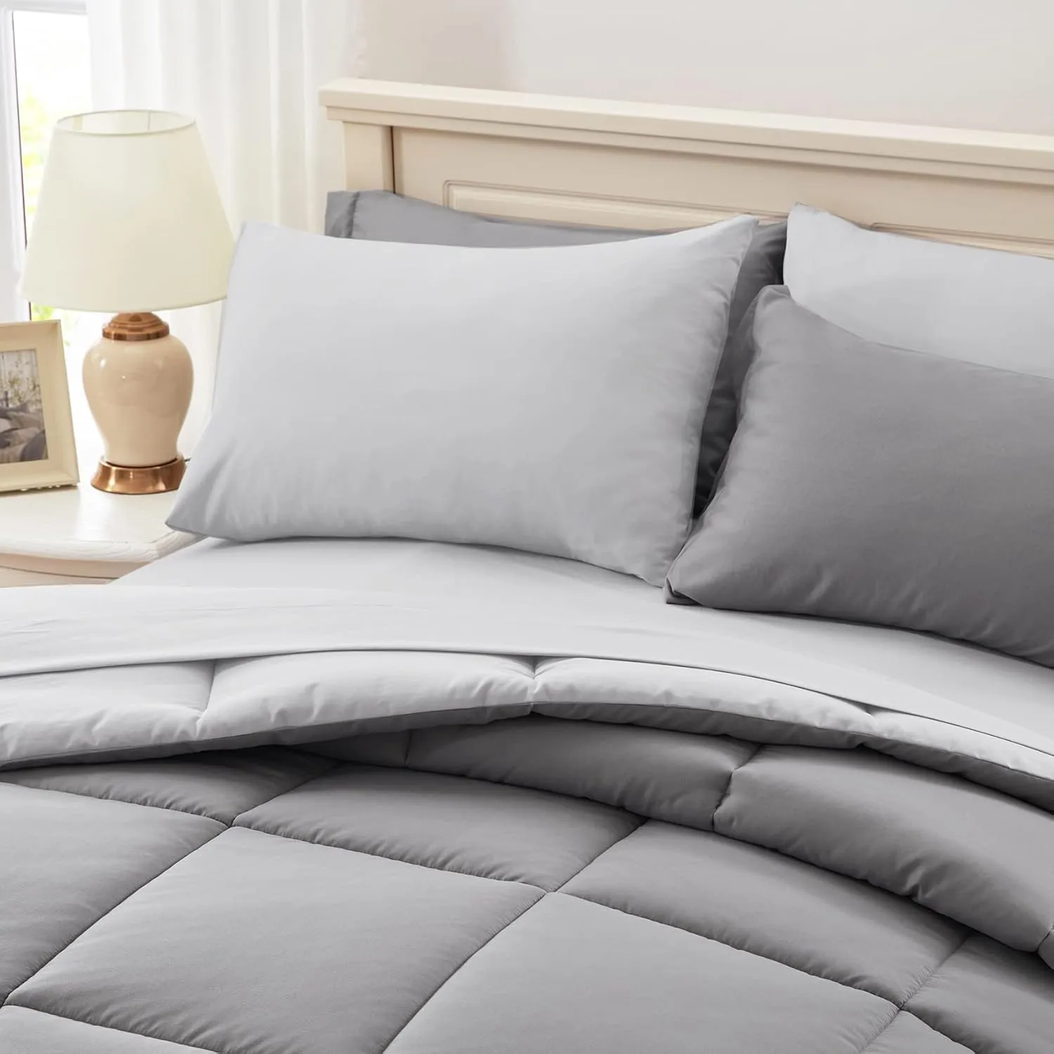 Anluoer Queen Size Bed in a Bag 7 Pieces, Grey Bed Comforter Set with Sheets, All Season Bedding Sets with 1 Comforter,2 Pillow Shams,2 Pillowcases, 1 Flat Sheet,1 Fitted Sheet