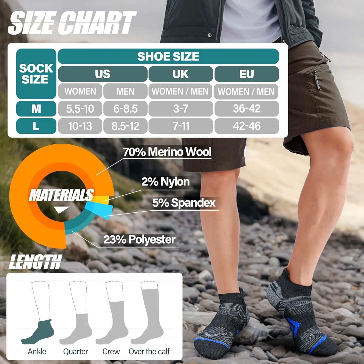 ANTSANG 6 Pairs Merino Wool Ankle Hiking Running Socks Compression Thick Cushion Breathable No Show Socks for Men Women