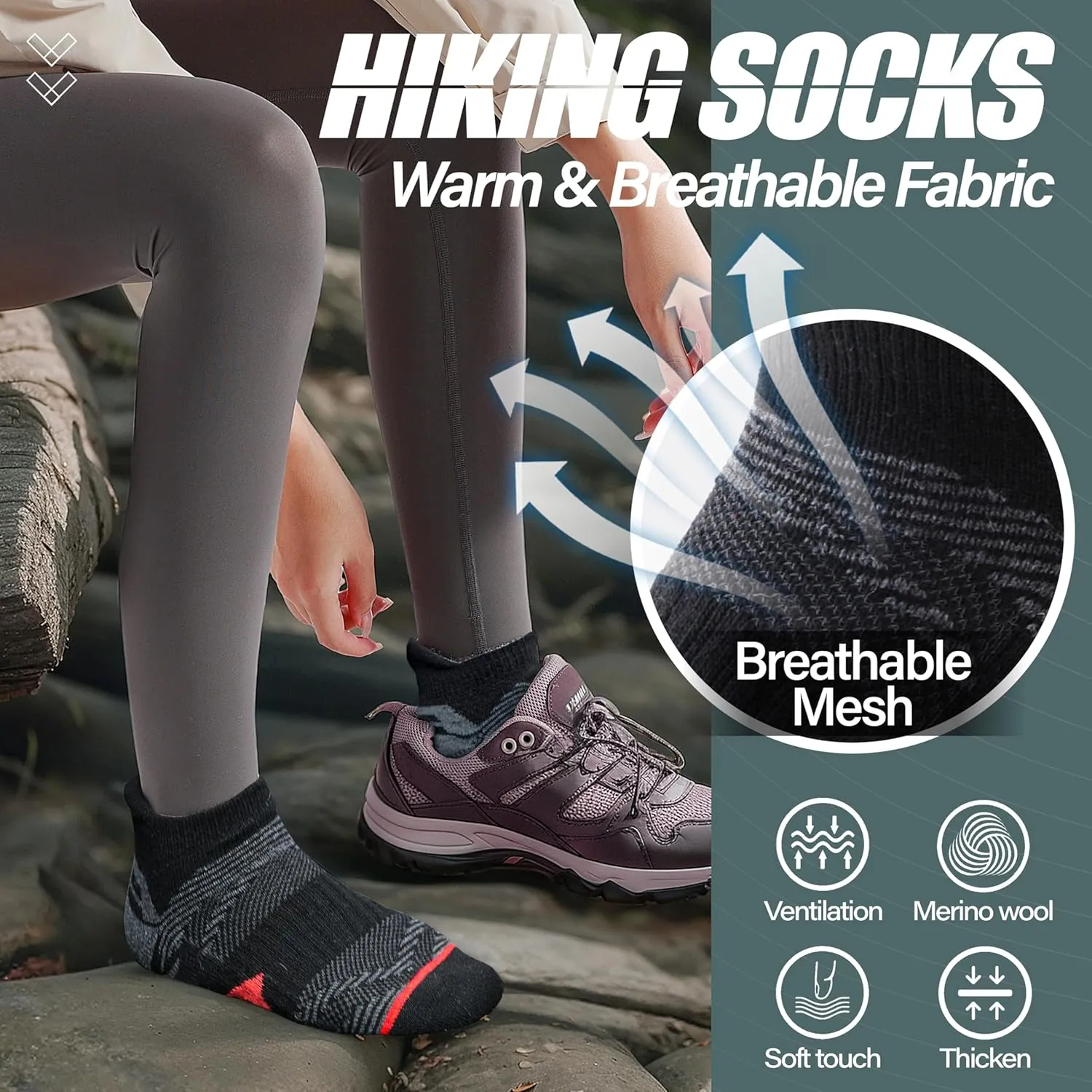 ANTSANG 6 Pairs Merino Wool Ankle Hiking Running Socks Compression Thick Cushion Breathable No Show Socks for Men Women