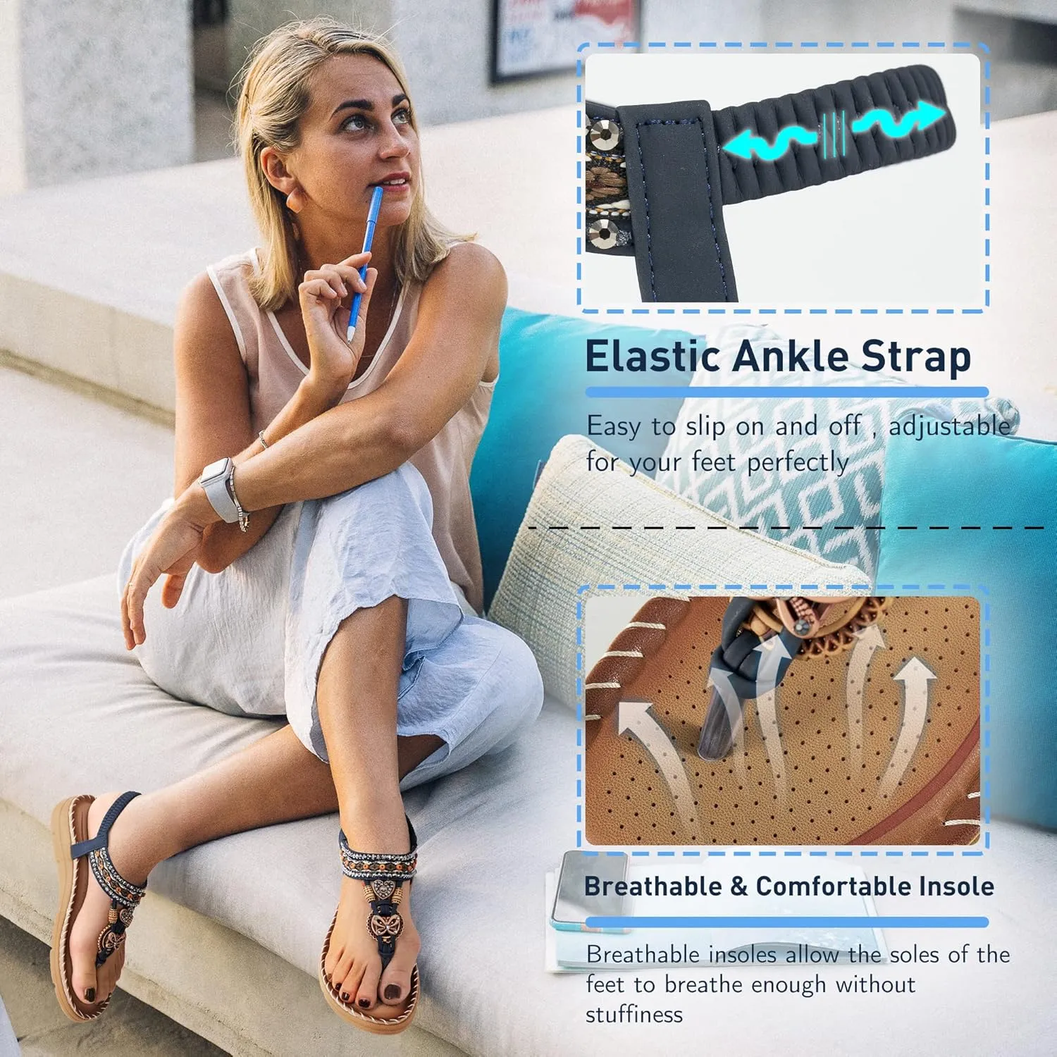 Aomigoct Sandals Women Flat Shoes: Dressy Summer Bohemian Flats Shoes for Women Sandals Comfortable Ankle Strap Outdoor Walking
