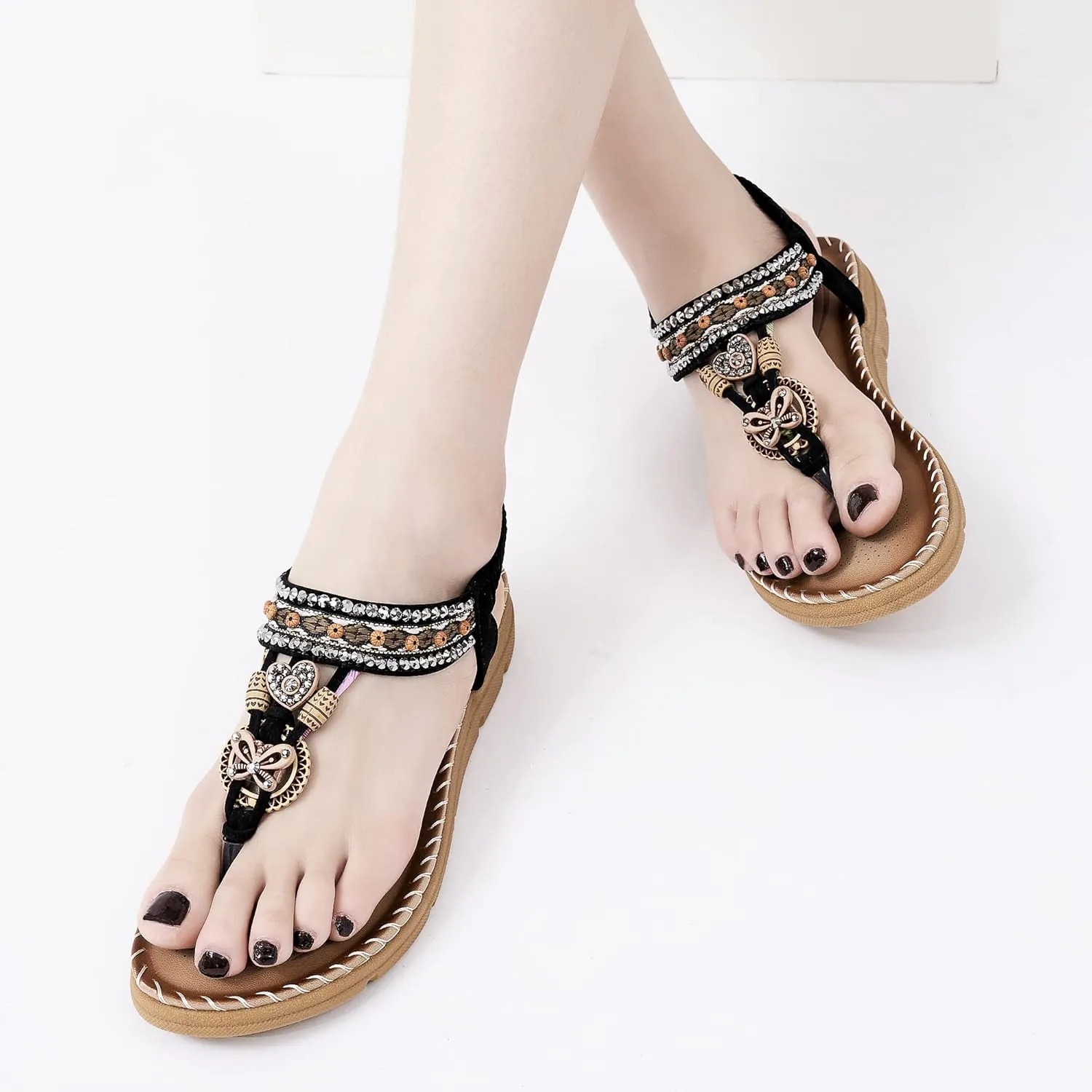 Aomigoct Sandals Women Flat Shoes: Dressy Summer Bohemian Flats Shoes for Women Sandals Comfortable Ankle Strap Outdoor Walking