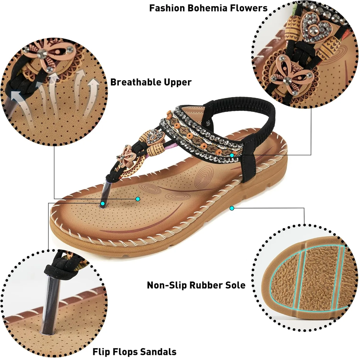 Aomigoct Sandals Women Flat Shoes: Dressy Summer Bohemian Flats Shoes for Women Sandals Comfortable Ankle Strap Outdoor Walking