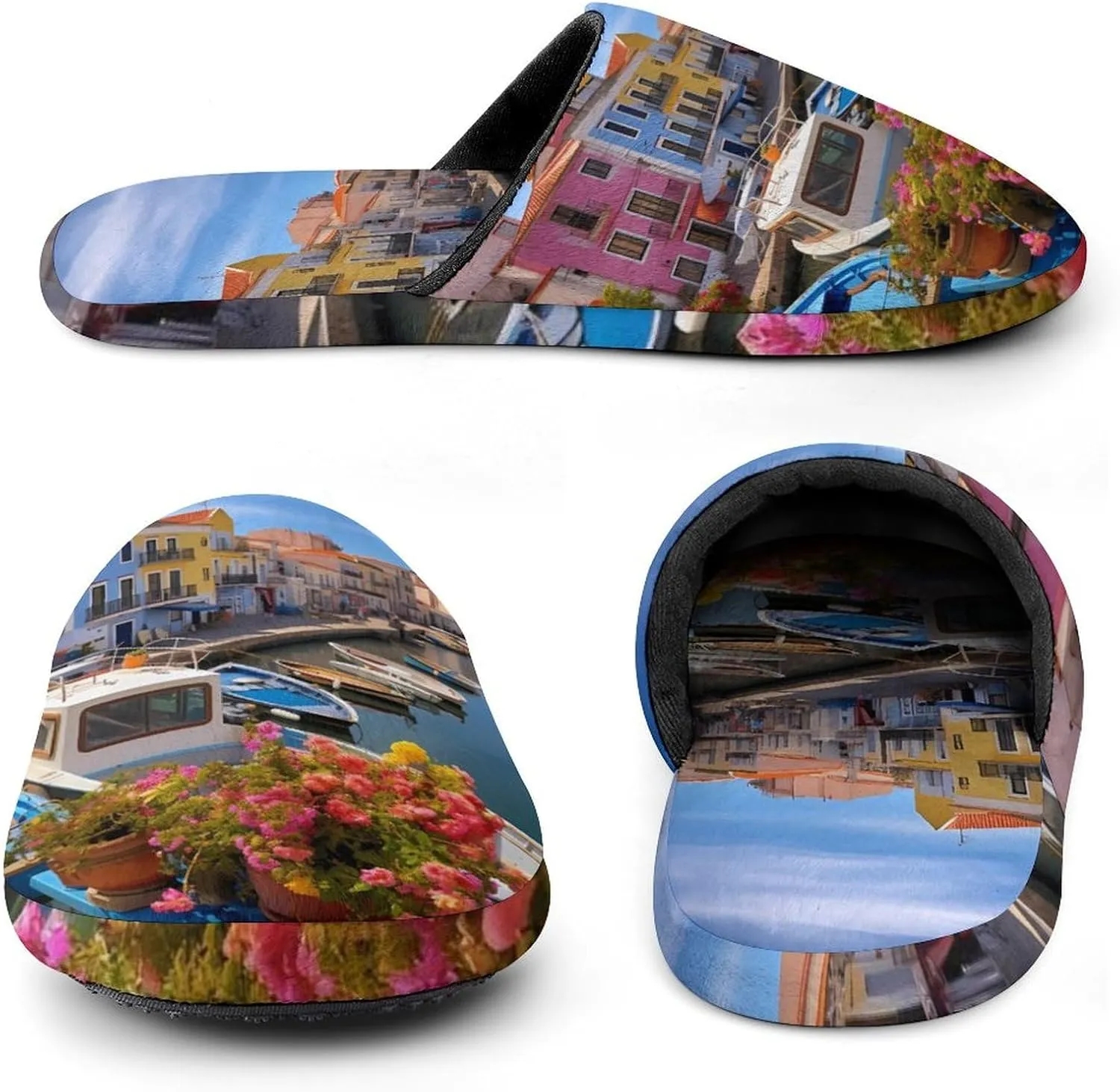 Architectural Prints of Seaside Towns Men's Cotton Slippers House Shoes Soft Bedroom Slippers Non-Slip Sole Shoes