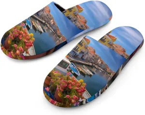 Architectural Prints of Seaside Towns Men's Cotton Slippers House Shoes Soft Bedroom Slippers Non-Slip Sole Shoes
