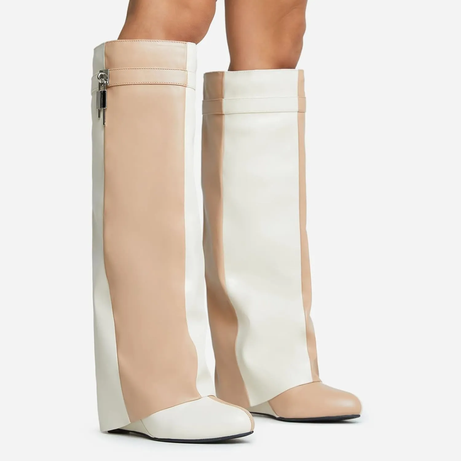 Arqa Fold Over Knee High Boots for Women Covered Wedge Heel Padlock Boot Almond Toe Wide Calf Pull-on Fashion Boots Party Shoes