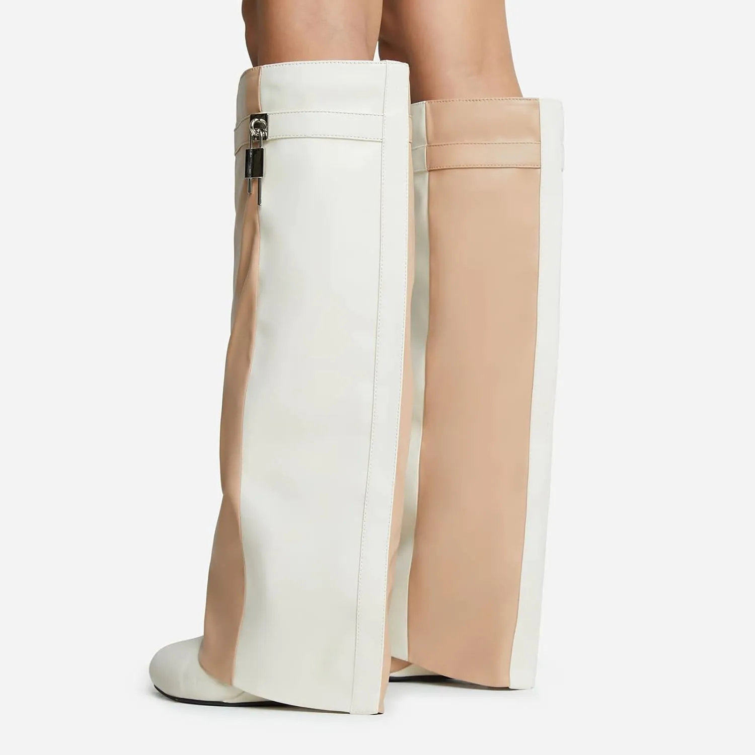 Arqa Fold Over Knee High Boots for Women Covered Wedge Heel Padlock Boot Almond Toe Wide Calf Pull-on Fashion Boots Party Shoes