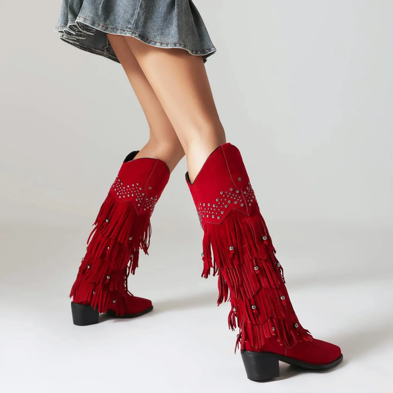 Arqa Women's Fringe Suede Knee High Boots Block Heel Western Cowboy Boot Wide Calf Pull-on Cowgirl Boot with Rivets