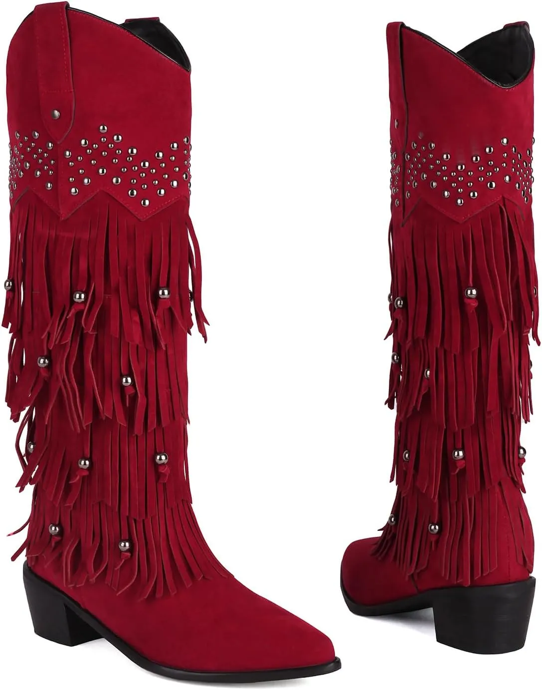 Arqa Women's Fringe Suede Knee High Boots Block Heel Western Cowboy Boot Wide Calf Pull-on Cowgirl Boot with Rivets