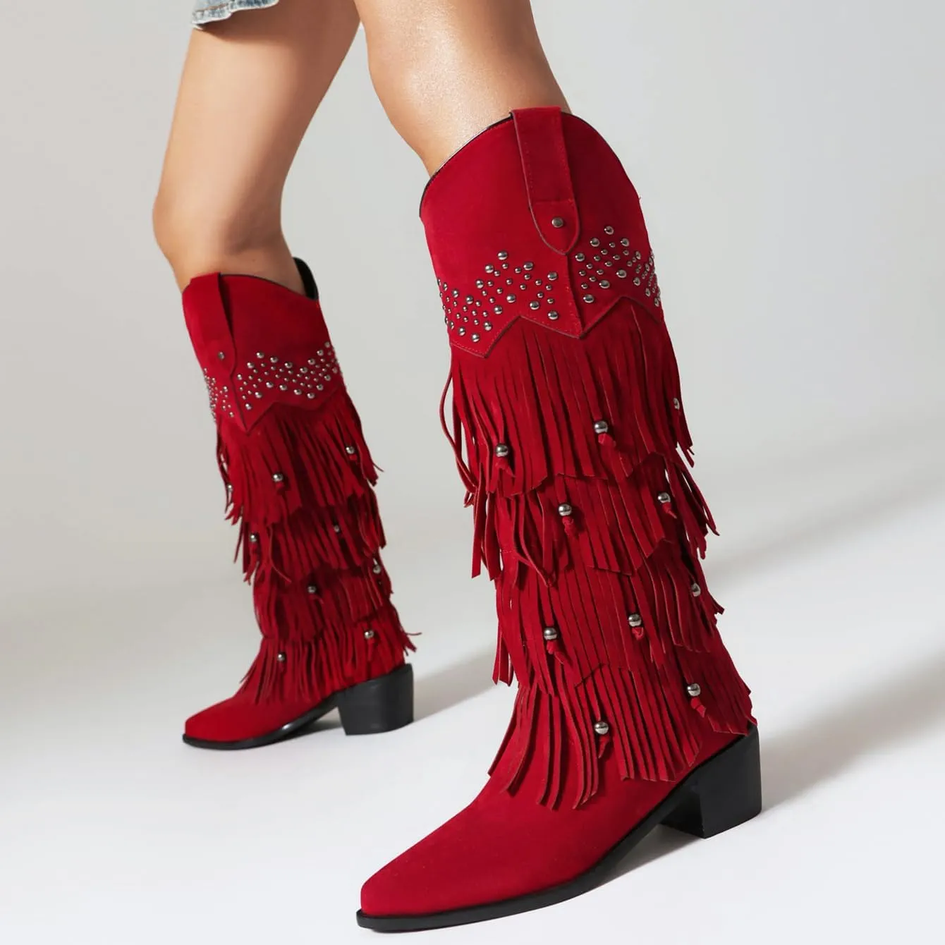Arqa Women's Fringe Suede Knee High Boots Block Heel Western Cowboy Boot Wide Calf Pull-on Cowgirl Boot with Rivets