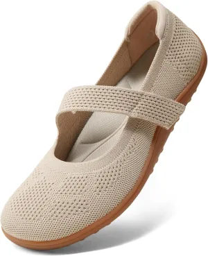 Arromic Wide Toe Box Flat Shoes Women Mary Jane Flat Shoes Comofortable Ballet Flat with Adjustable Straps Slip on Washable Knit Casual Flats Nude