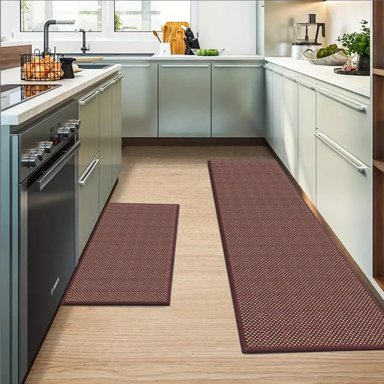 Artoid Mode Washable Non Slip Red Kitchen Rugs and Mats Set of 2, Rubber Backing Absorbent Kitchen Mats for Floor Front of Sink - 17x29 and 17x47 Inch