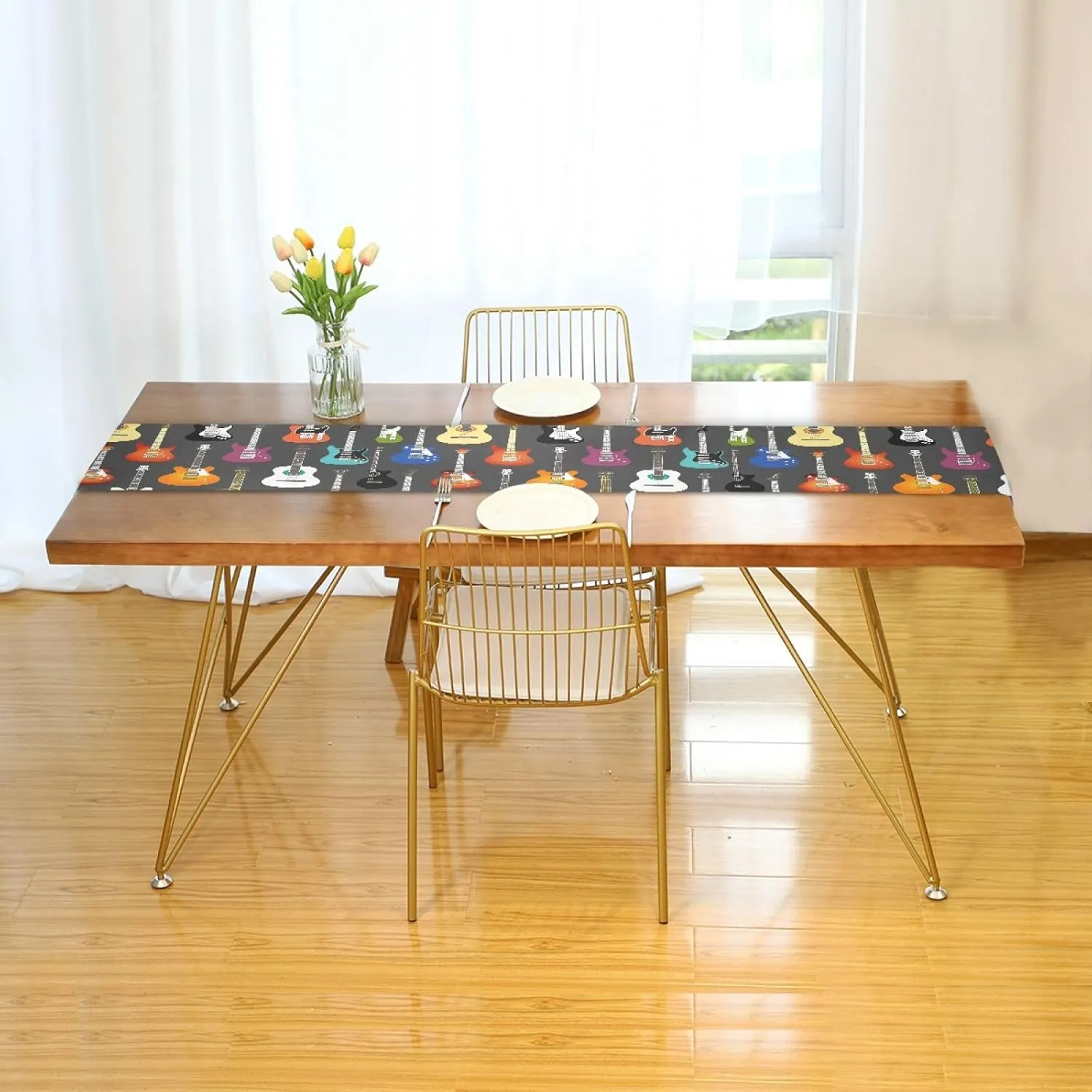 AUUXVA Table Runner Music Guitar Pattern Durable Luxury Dresser Scarf Tabletop Cloth for Wedding Dining Table Holiday Party Kitchen Home Decoration 13x70in