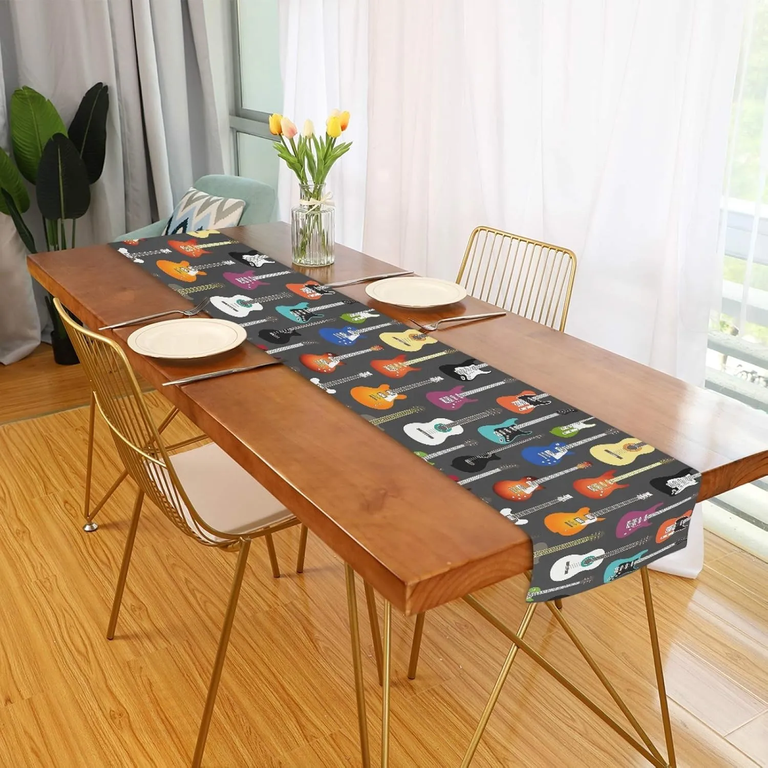 AUUXVA Table Runner Music Guitar Pattern Durable Luxury Dresser Scarf Tabletop Cloth for Wedding Dining Table Holiday Party Kitchen Home Decoration 13x70in