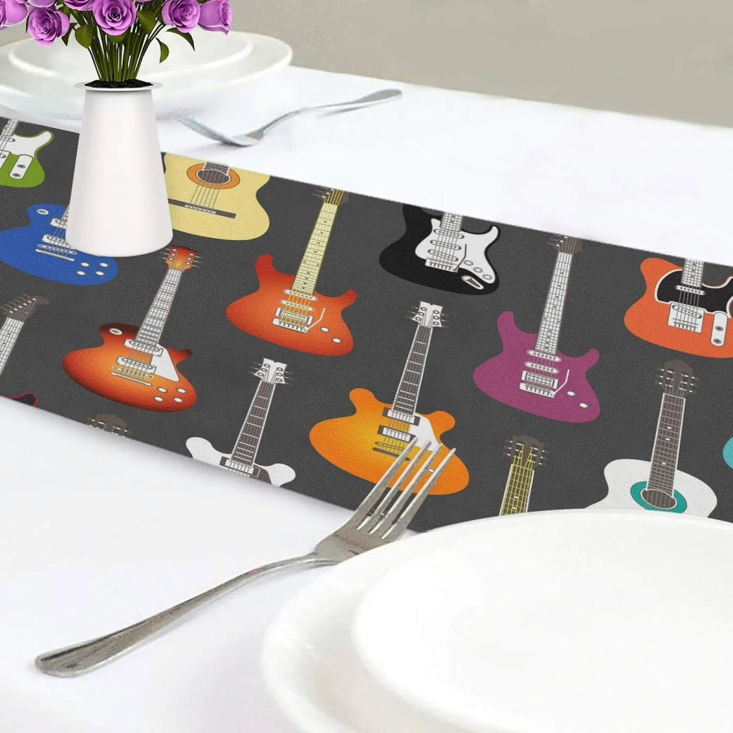 AUUXVA Table Runner Music Guitar Pattern Durable Luxury Dresser Scarf Tabletop Cloth for Wedding Dining Table Holiday Party Kitchen Home Decoration 13x70in