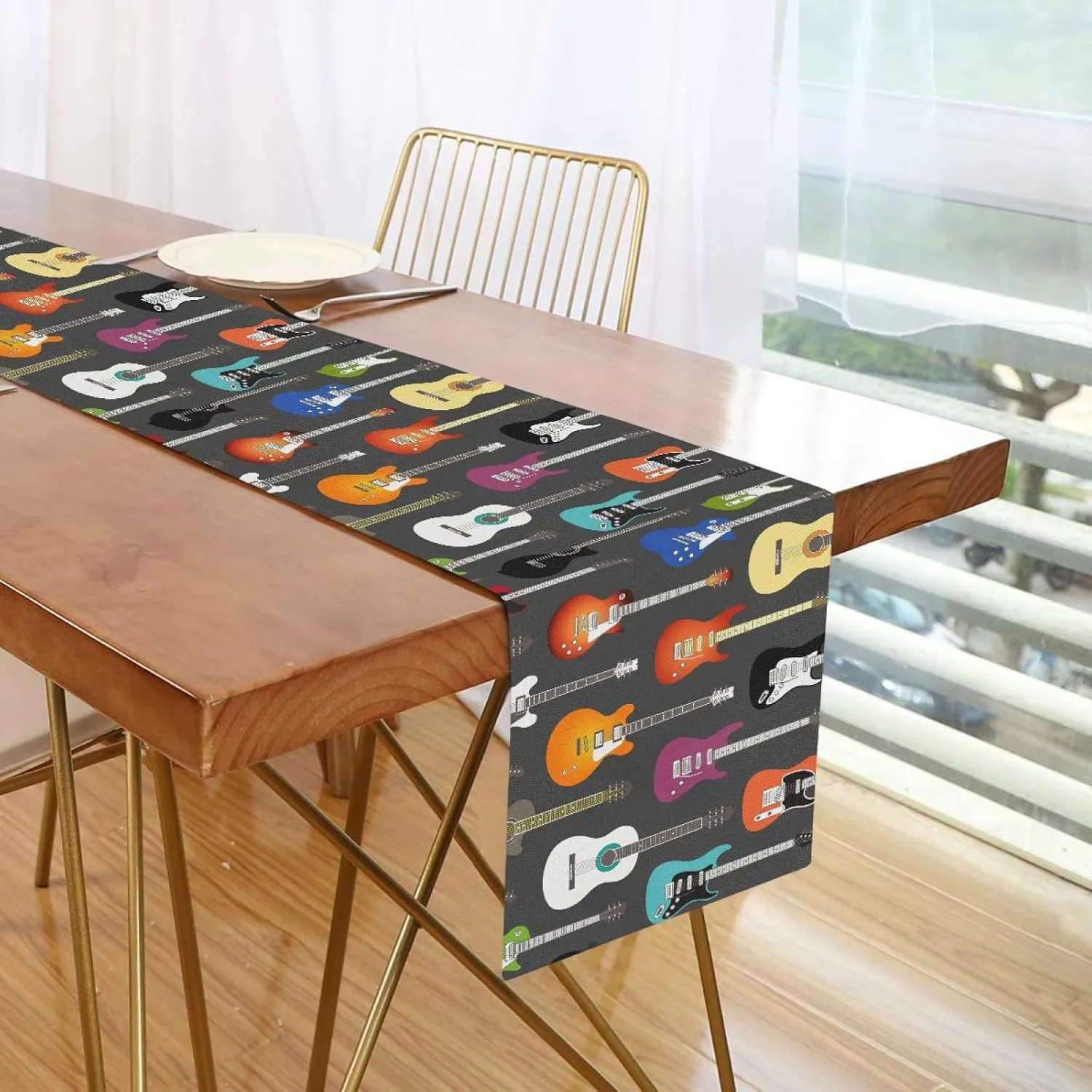 AUUXVA Table Runner Music Guitar Pattern Durable Luxury Dresser Scarf Tabletop Cloth for Wedding Dining Table Holiday Party Kitchen Home Decoration 13x70in