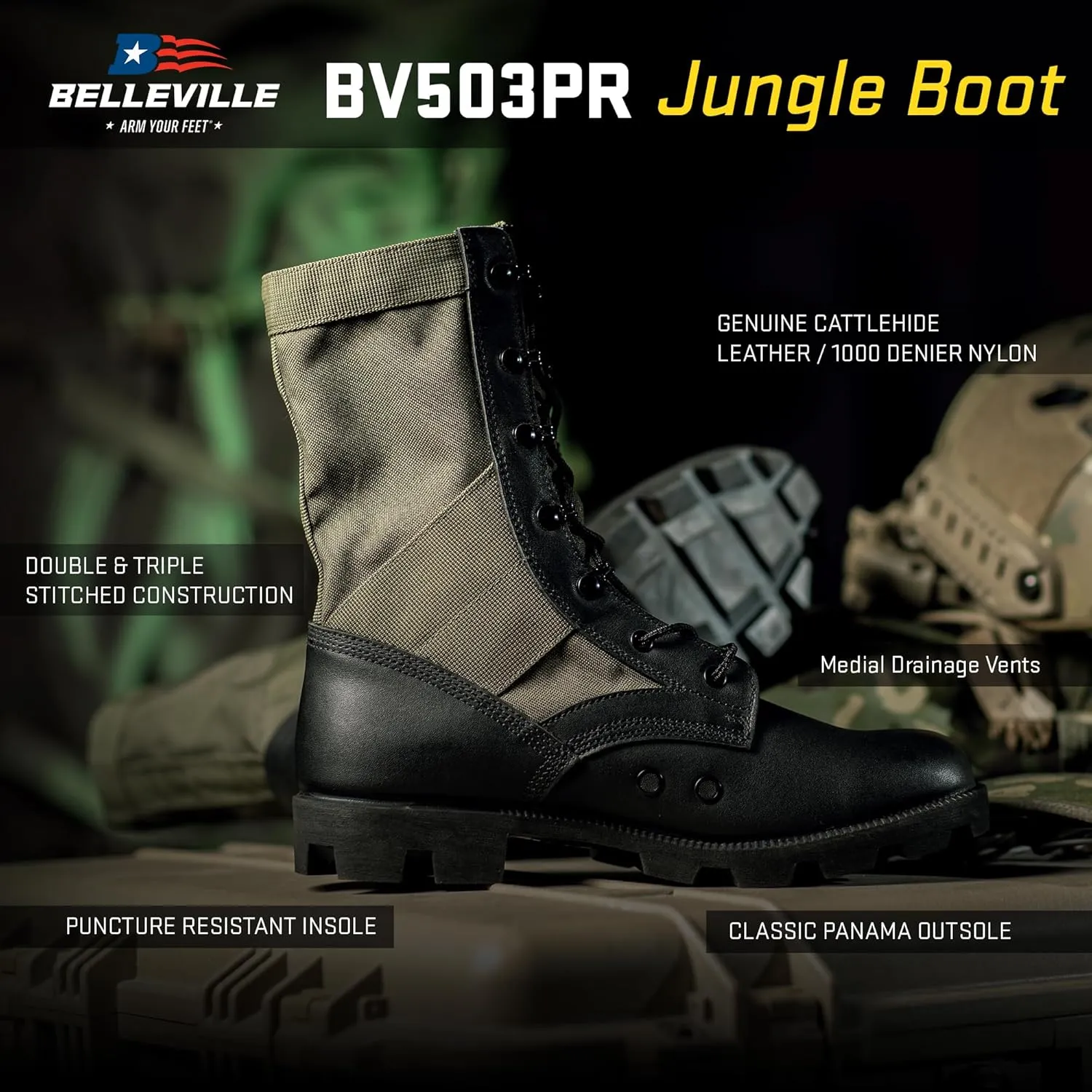 B Belleville Arm Your Feet Men's 8 Inch Canopy Jungle Boots - Highly Breathable Leather & Nylon Upper, Medial Side Drainage Vents, and Classic Panama Outsole Tread