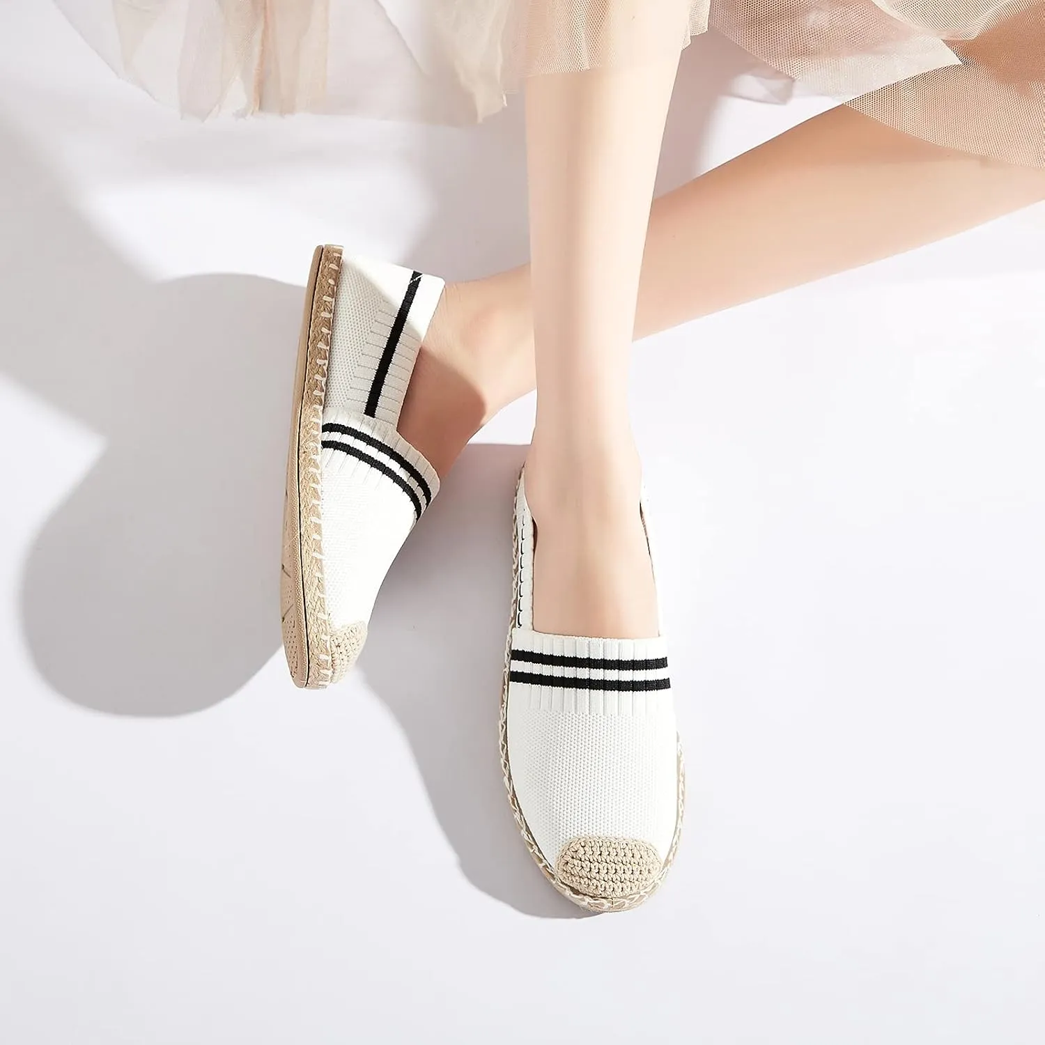 BABUDOG Womens Espadrilles Breathable Flats Shoes Mesh Slip on Loafers Soft White Flats