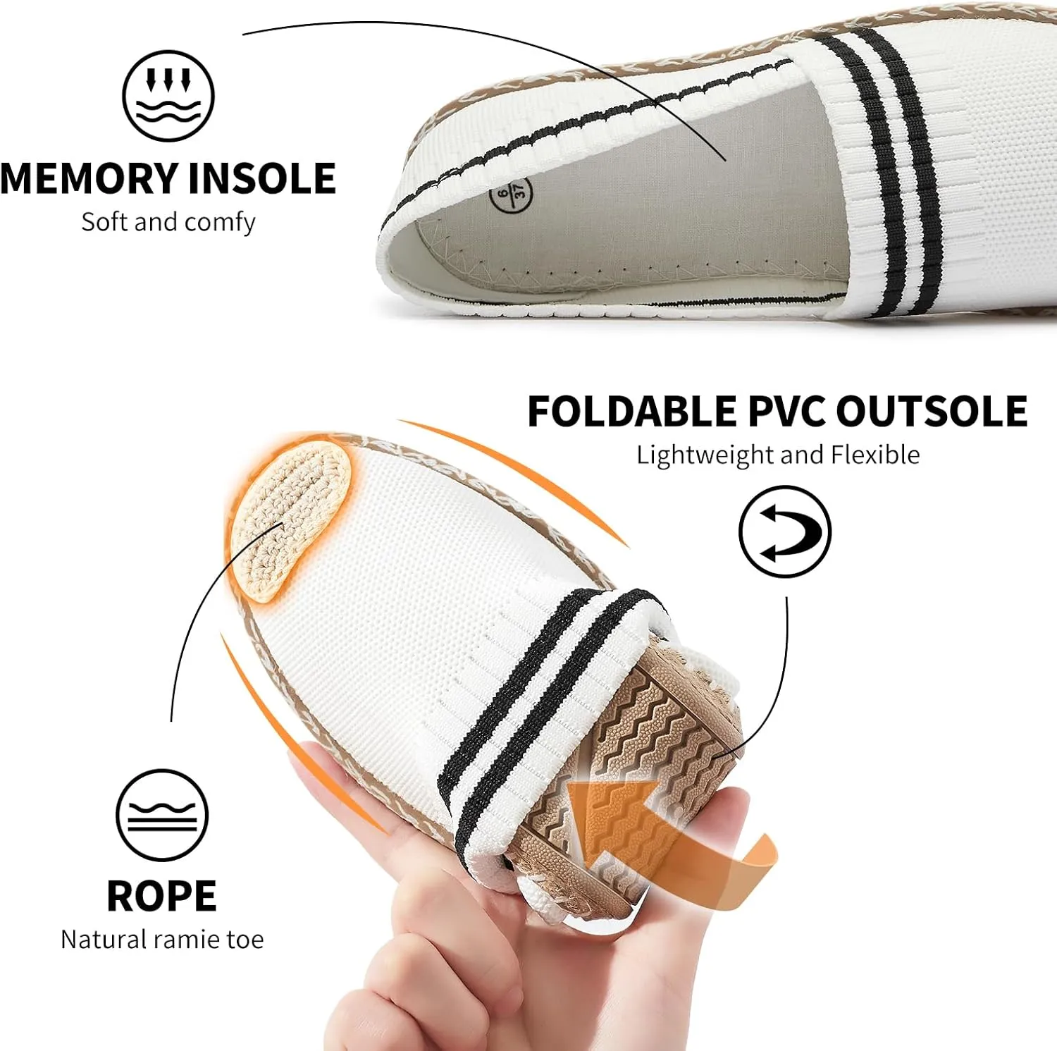 BABUDOG Womens Espadrilles Breathable Flats Shoes Mesh Slip on Loafers Soft White Flats