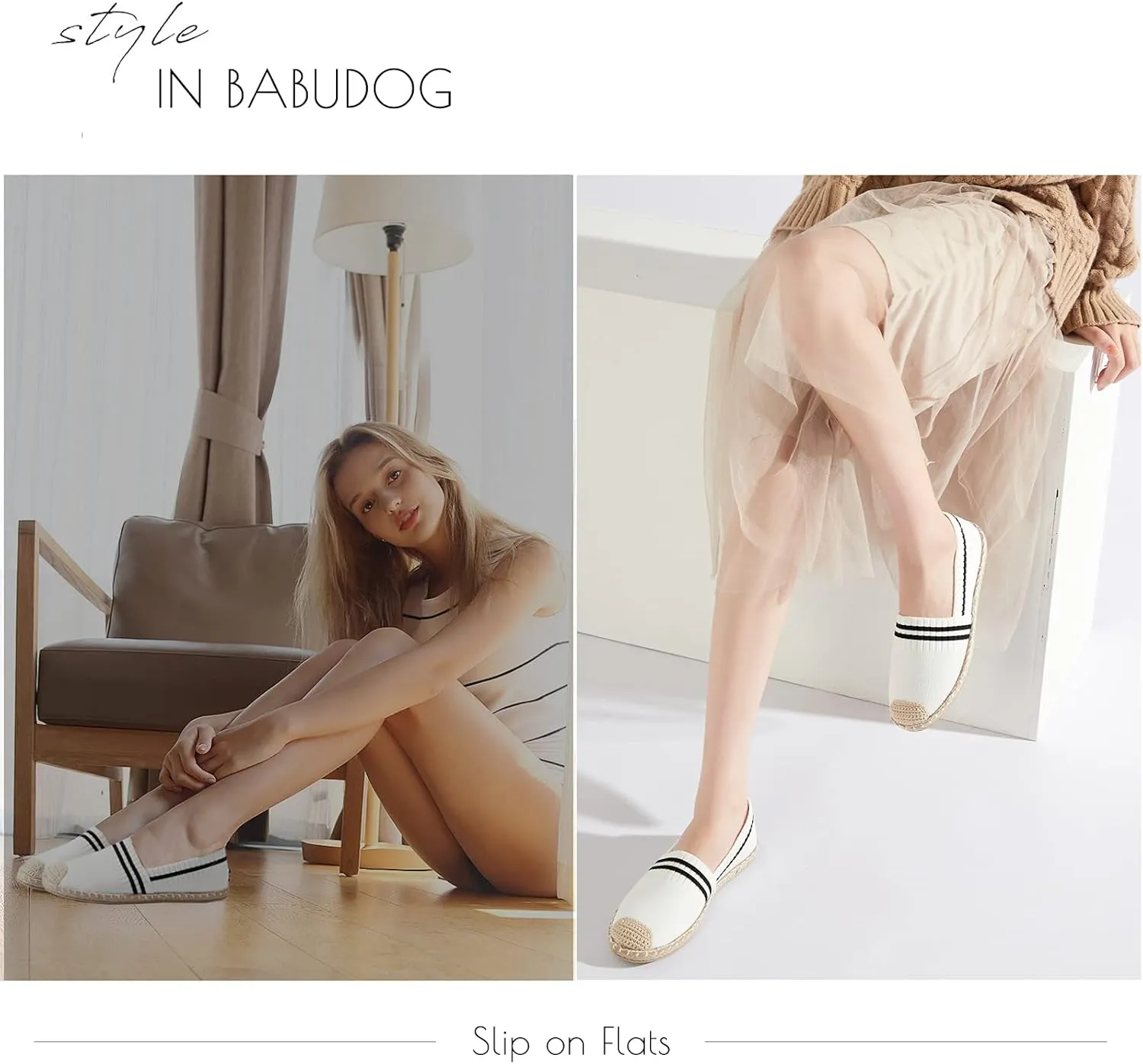 BABUDOG Womens Espadrilles Breathable Flats Shoes Mesh Slip on Loafers Soft White Flats