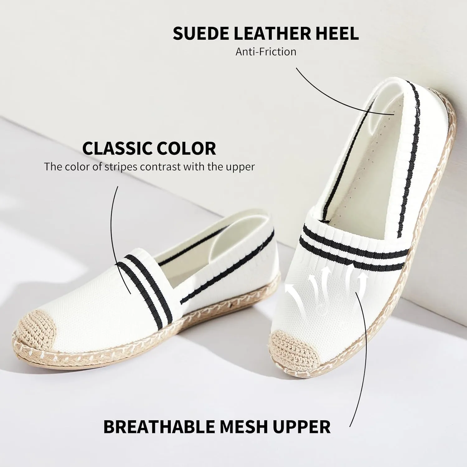 BABUDOG Womens Espadrilles Breathable Flats Shoes Mesh Slip on Loafers Soft White Flats