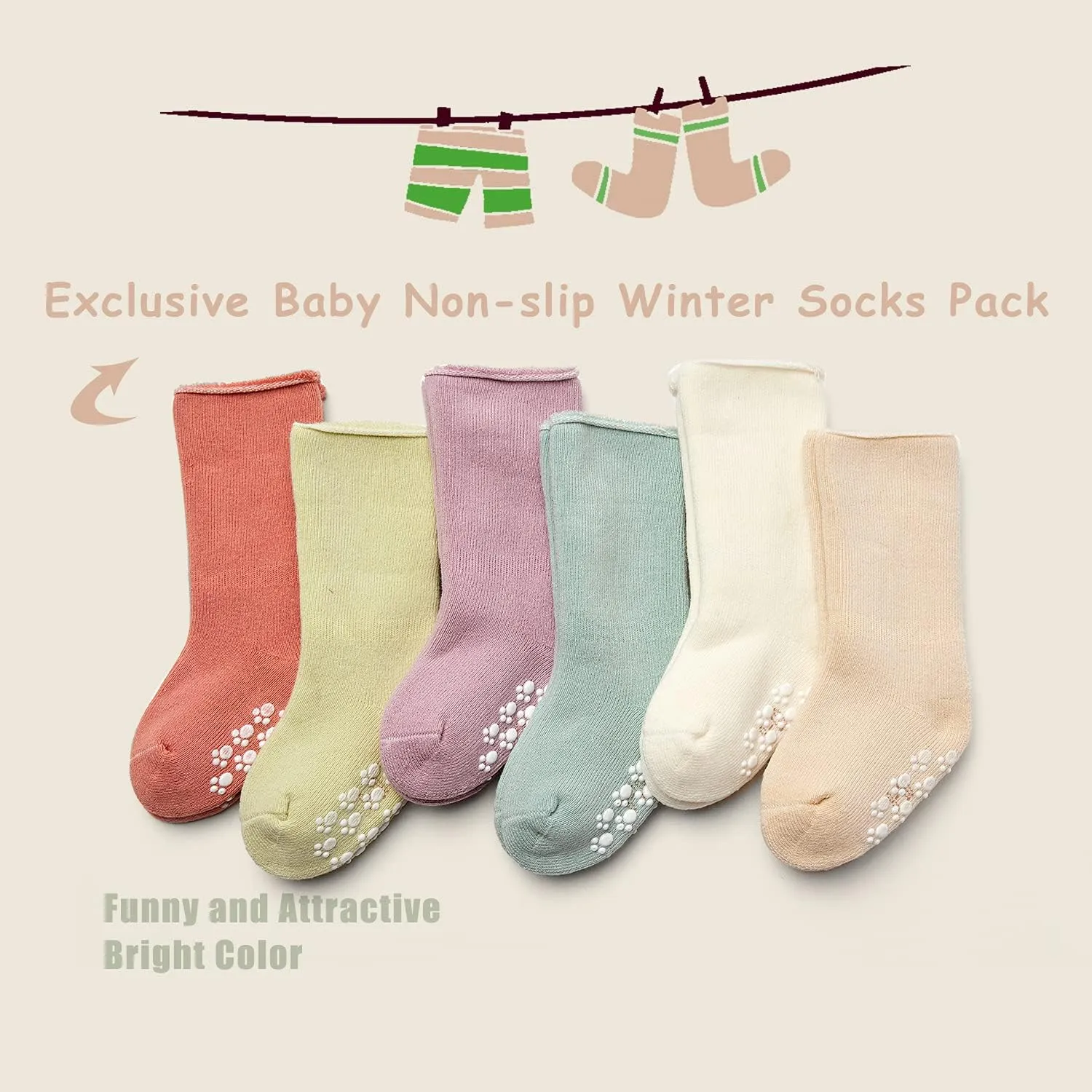 Baby Non Slip Warm Socks Baby Boys Thick Winter Socks with Grips for Baby Girls Non Skid Socks 6 Pack