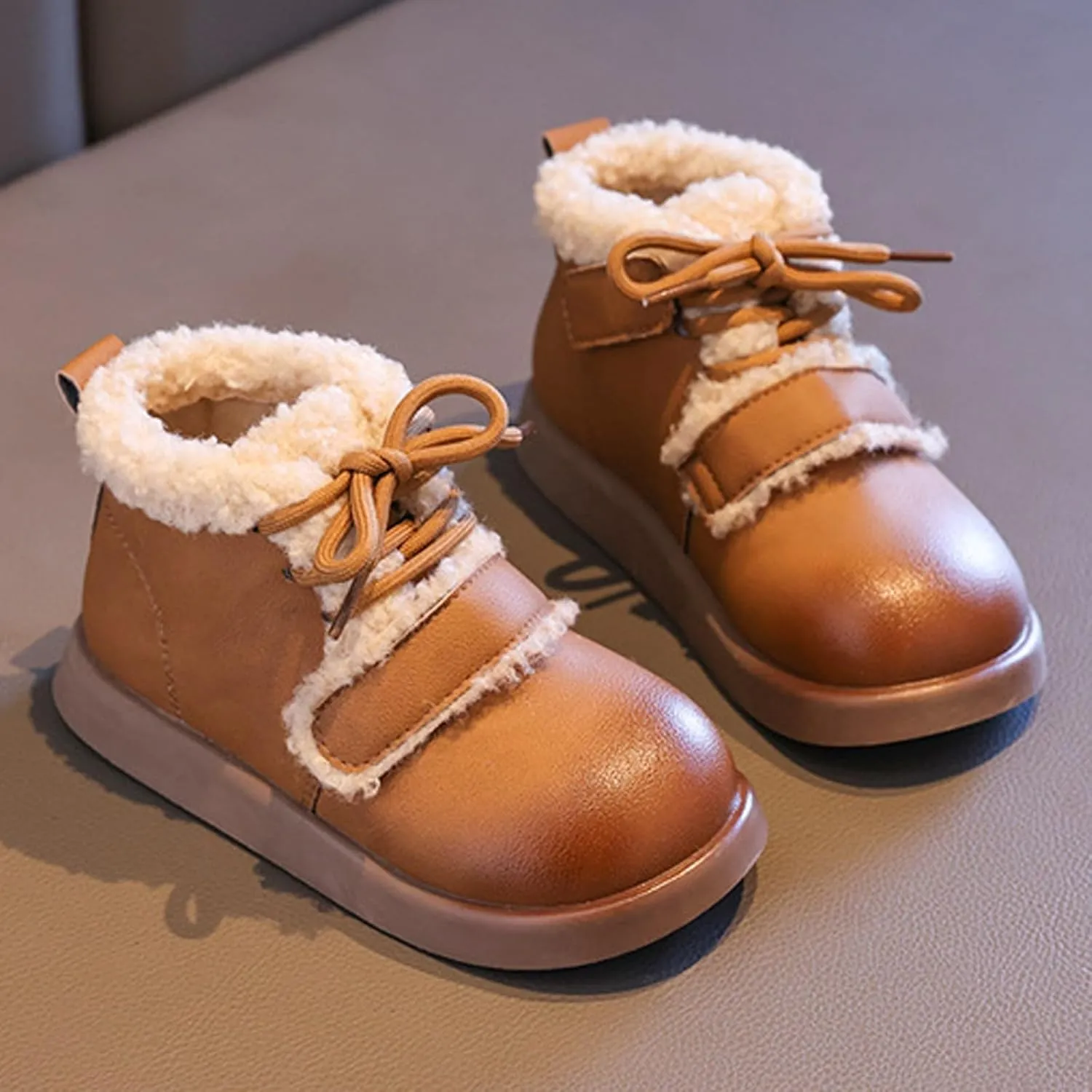 Baby Toddler Work Fleece Lined Boots Leather Lace-Up Soft Flat Ankle Snow Boots Kids Rubber Sole Slip Prewalker Boots