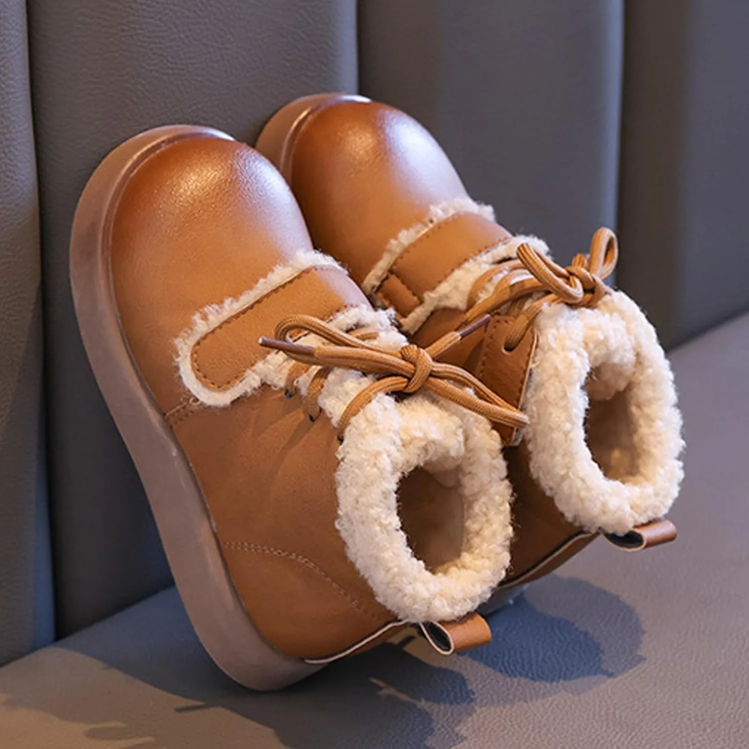 Baby Toddler Work Fleece Lined Boots Leather Lace-Up Soft Flat Ankle Snow Boots Kids Rubber Sole Slip Prewalker Boots