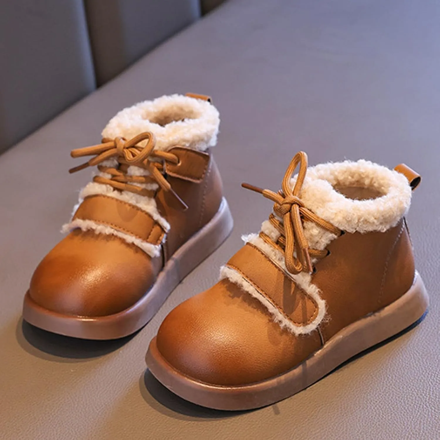 Baby Toddler Work Fleece Lined Boots Leather Lace-Up Soft Flat Ankle Snow Boots Kids Rubber Sole Slip Prewalker Boots
