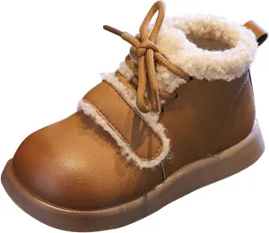 Baby Toddler Work Fleece Lined Boots Leather Lace-Up Soft Flat Ankle Snow Boots Kids Rubber Sole Slip Prewalker Boots