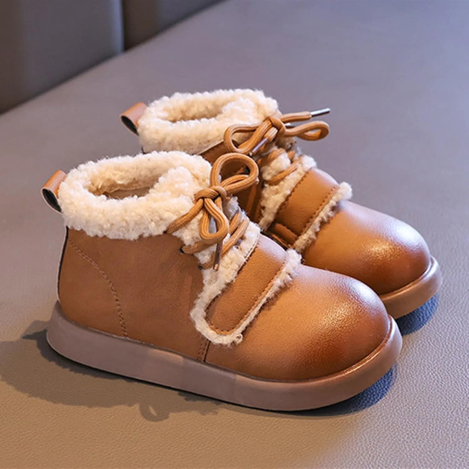 Baby Toddler Work Fleece Lined Boots Leather Lace-Up Soft Flat Ankle Snow Boots Kids Rubber Sole Slip Prewalker Boots
