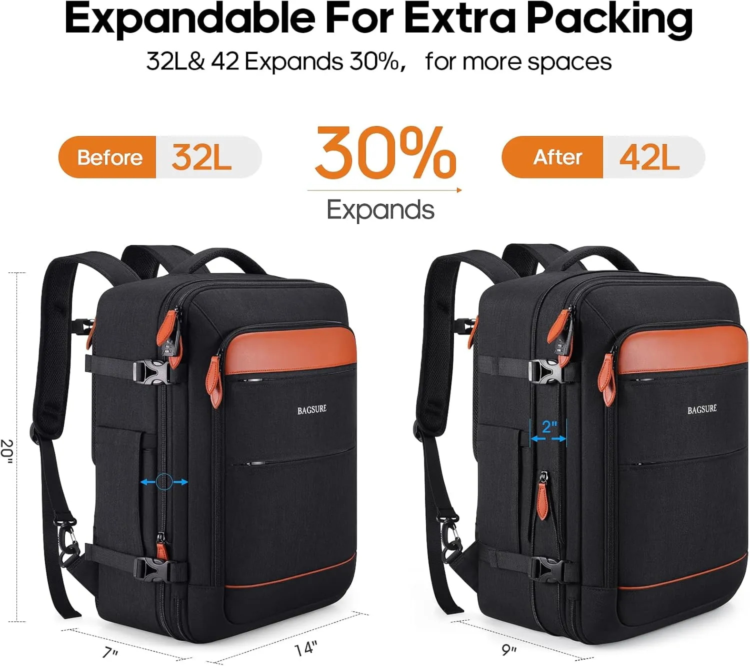 Bagsure Travel Backpack, 42L Carry on Luggage, Flight Approved Expandable Backpack, Laptop Backpack