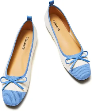 Ballet Flats for Women | Knit Square Toe Slip on Flats | Two-Tone Bowknot Shoes