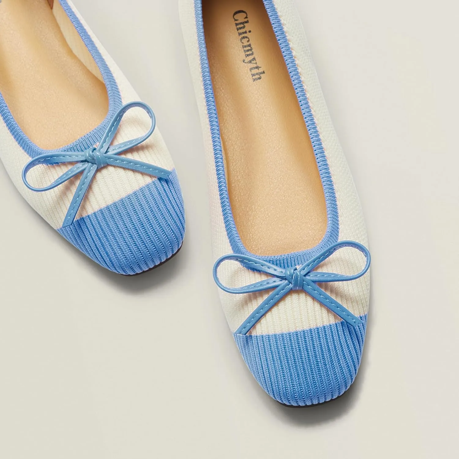 Ballet Flats for Women | Knit Square Toe Slip on Flats | Two-Tone Bowknot Shoes