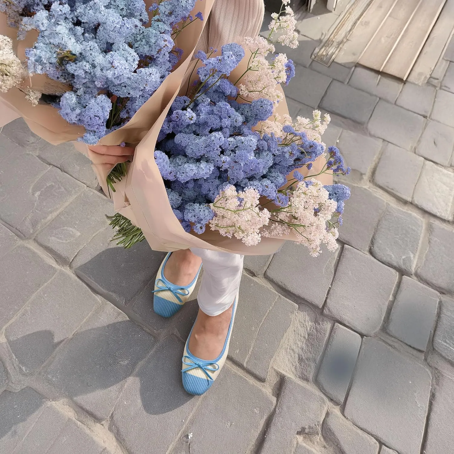 Ballet Flats for Women | Knit Square Toe Slip on Flats | Two-Tone Bowknot Shoes