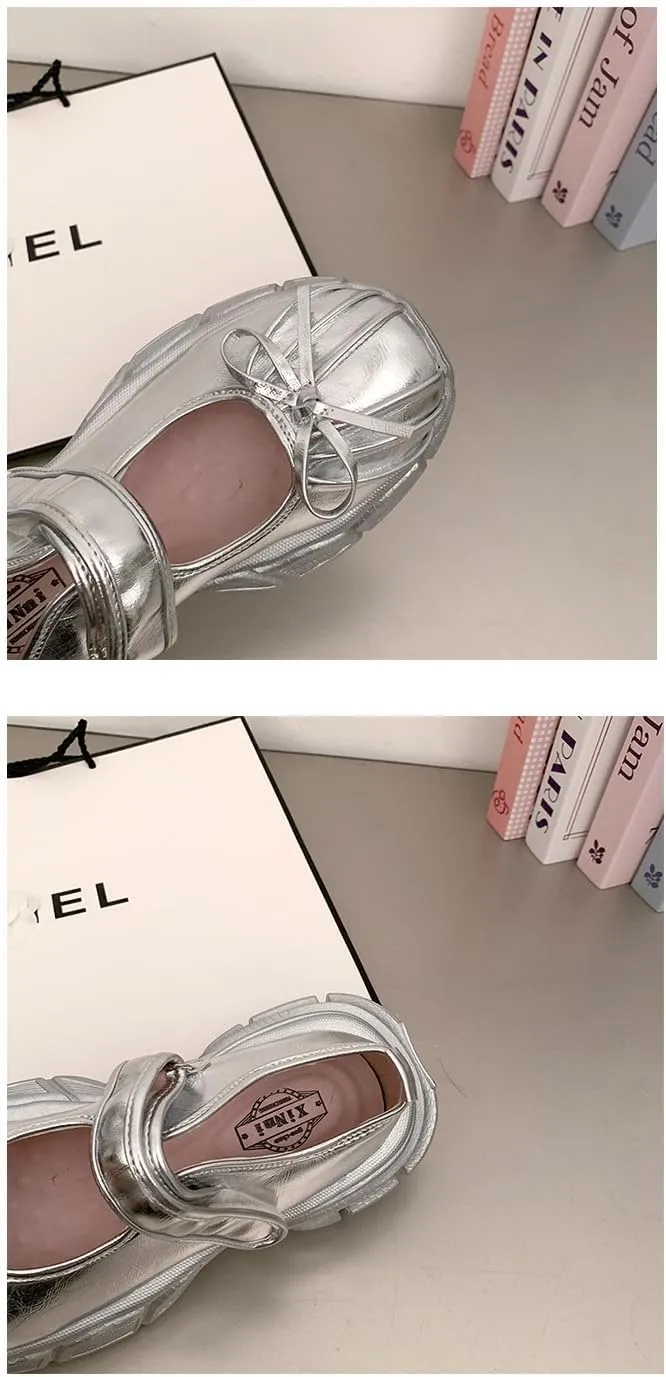 Ballet Sneakers for Women Round Toe Sneakerina Comfort Wear Dad Bows Shoes Mary Jane Chunky Platform Cute Y2K Retro Kawaii Elegant Dressy Fashion Trendy Tennis Trainer Back to School Summer Outdoors