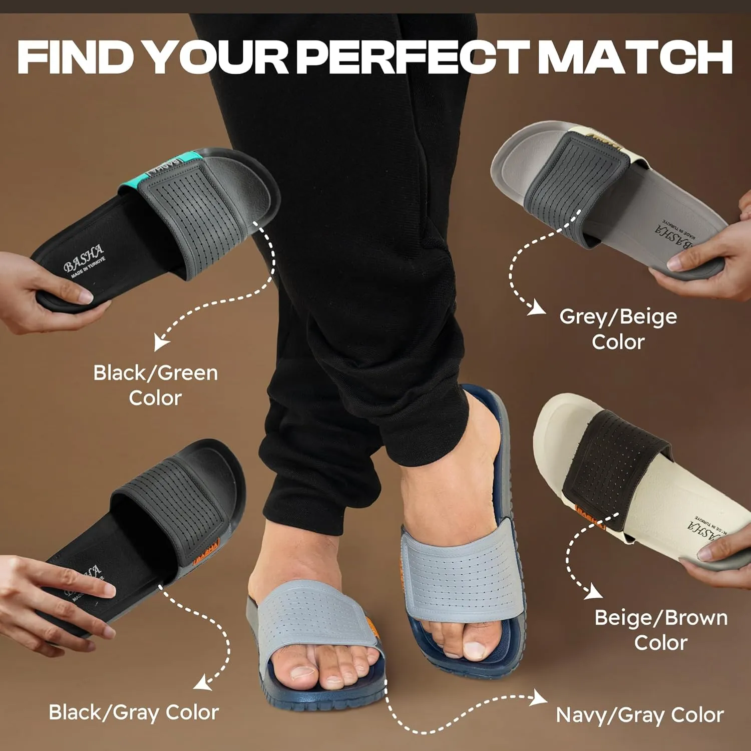 Basha Men's Slipper Durable Rubber Non-Slip Slides for College Dorm, Bathroom, Outdoor and Indoor