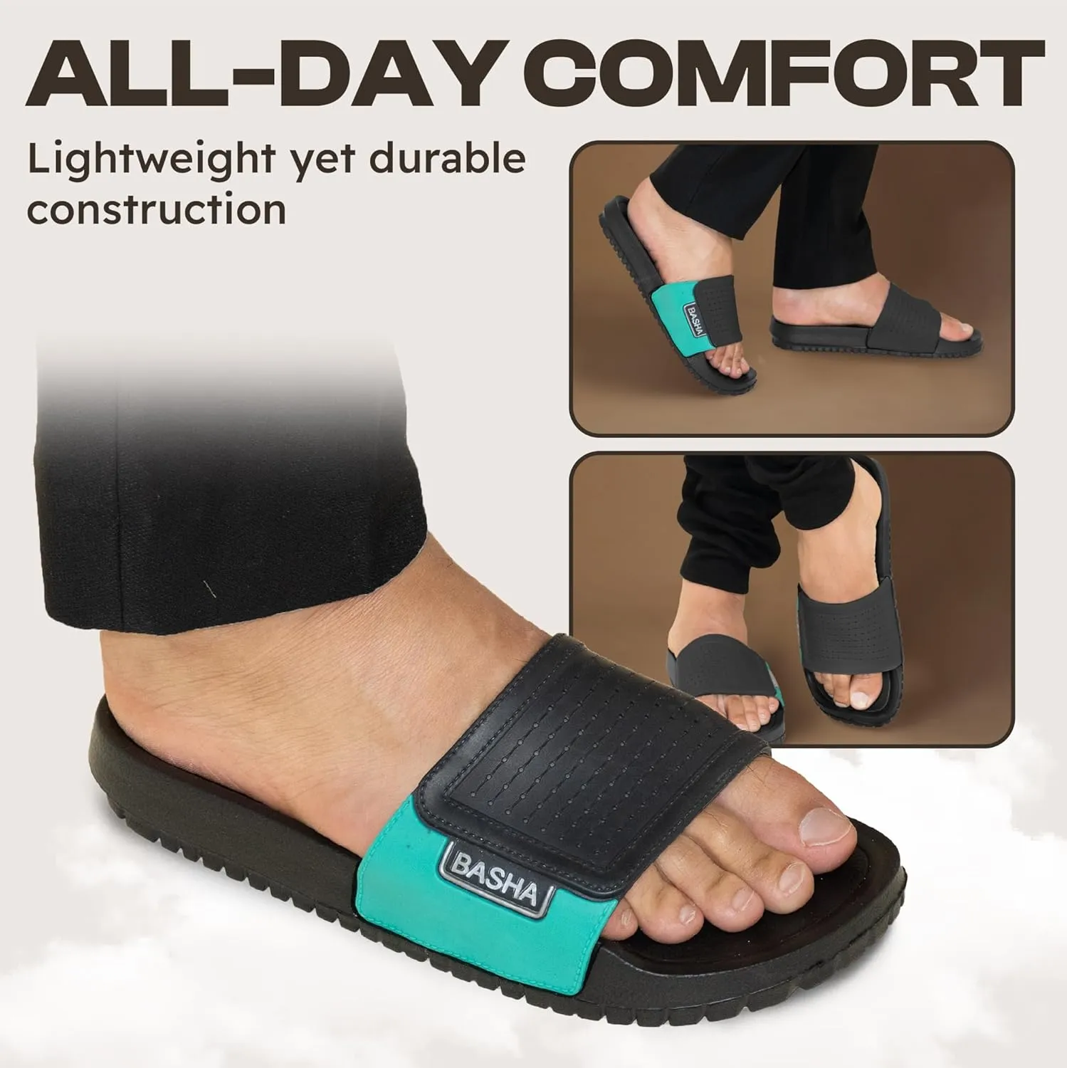 Basha Men's Slipper Durable Rubber Non-Slip Slides for College Dorm, Bathroom, Outdoor and Indoor